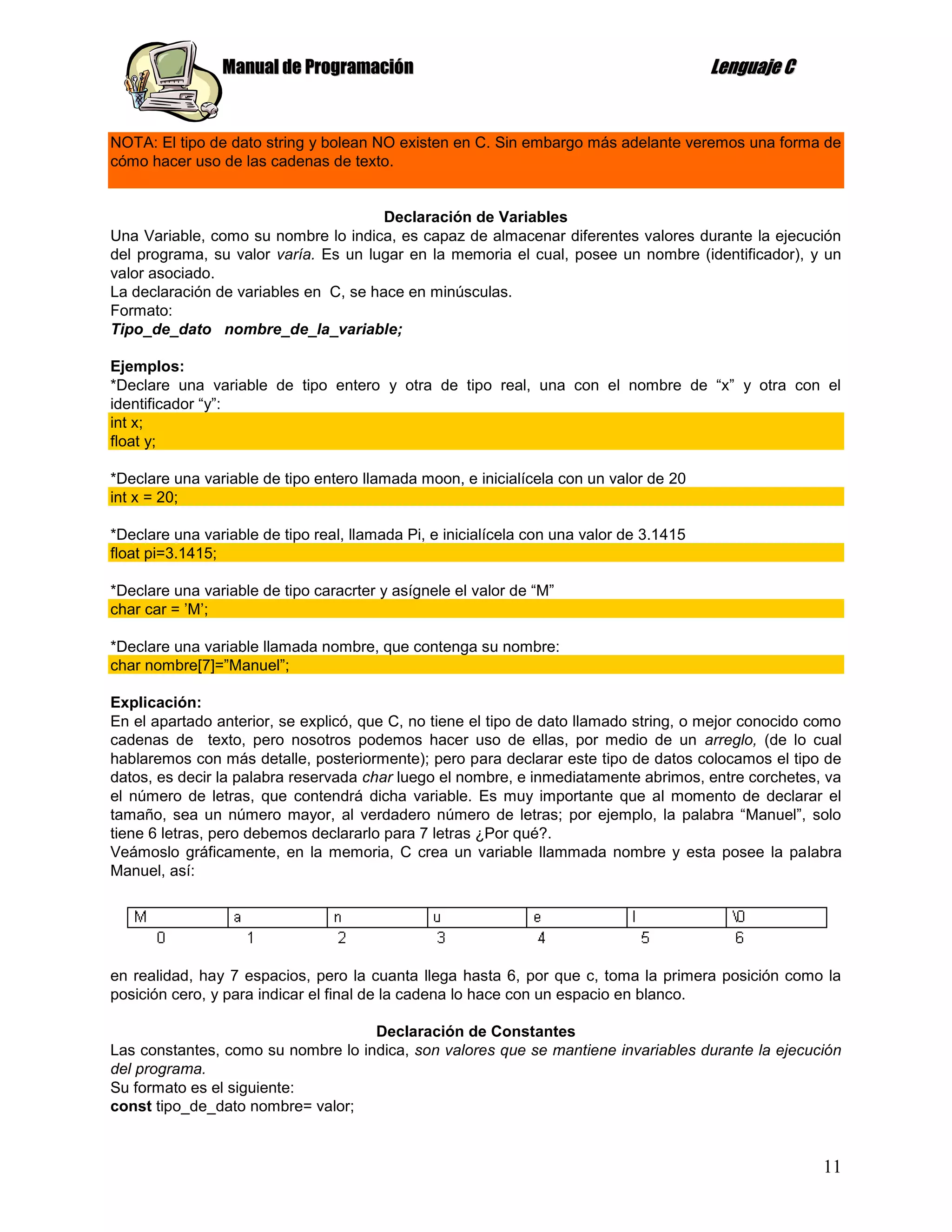 Manual de Programación                                                   Lenguaje C


NOTA: El tipo de dato string y bolean NO existen en C. Sin embargo más adelante veremos una forma de
cómo hacer uso de las cadenas de texto.


                                       Declaración de Variables
Una Variable, como su nombre lo indica, es capaz de almacenar diferentes valores durante la ejecución
del programa, su valor varía. Es un lugar en la memoria el cual, posee un nombre (identificador), y un
valor asociado.
La declaración de variables en C, se hace en minúsculas.
Formato:
Tipo_de_dato nombre_de_la_variable;

Ejemplos:
*Declare una variable de tipo entero y otra de tipo real, una con el nombre de “x” y otra con el
identificador “y”:
int x;
float y;

*Declare una variable de tipo entero llamada moon, e inicialícela con un valor de 20
int x = 20;

*Declare una variable de tipo real, llamada Pi, e inicialícela con una valor de 3.1415
float pi=3.1415;

*Declare una variable de tipo caracrter y asígnele el valor de “M”
char car = ‟M‟;

*Declare una variable llamada nombre, que contenga su nombre:
char nombre[7]=”Manuel”;

Explicación:
En el apartado anterior, se explicó, que C, no tiene el tipo de dato llamado string, o mejor conocido como
cadenas de texto, pero nosotros podemos hacer uso de ellas, por medio de un arreglo, (de lo cual
hablaremos con más detalle, posteriormente); pero para declarar este tipo de datos colocamos el tipo de
datos, es decir la palabra reservada char luego el nombre, e inmediatamente abrimos, entre corchetes, va
el número de letras, que contendrá dicha variable. Es muy importante que al momento de declarar el
tamaño, sea un número mayor, al verdadero número de letras; por ejemplo, la palabra “Manuel”, solo
tiene 6 letras, pero debemos declararlo para 7 letras ¿Por qué?.
Veámoslo gráficamente, en la memoria, C crea un variable llammada nombre y esta posee la palabra
Manuel, así:




en realidad, hay 7 espacios, pero la cuanta llega hasta 6, por que c, toma la primera posición como la
posición cero, y para indicar el final de la cadena lo hace con un espacio en blanco.

                                    Declaración de Constantes
Las constantes, como su nombre lo indica, son valores que se mantiene invariables durante la ejecución
del programa.
Su formato es el siguiente:
const tipo_de_dato nombre= valor;


                                                                                                       11
 