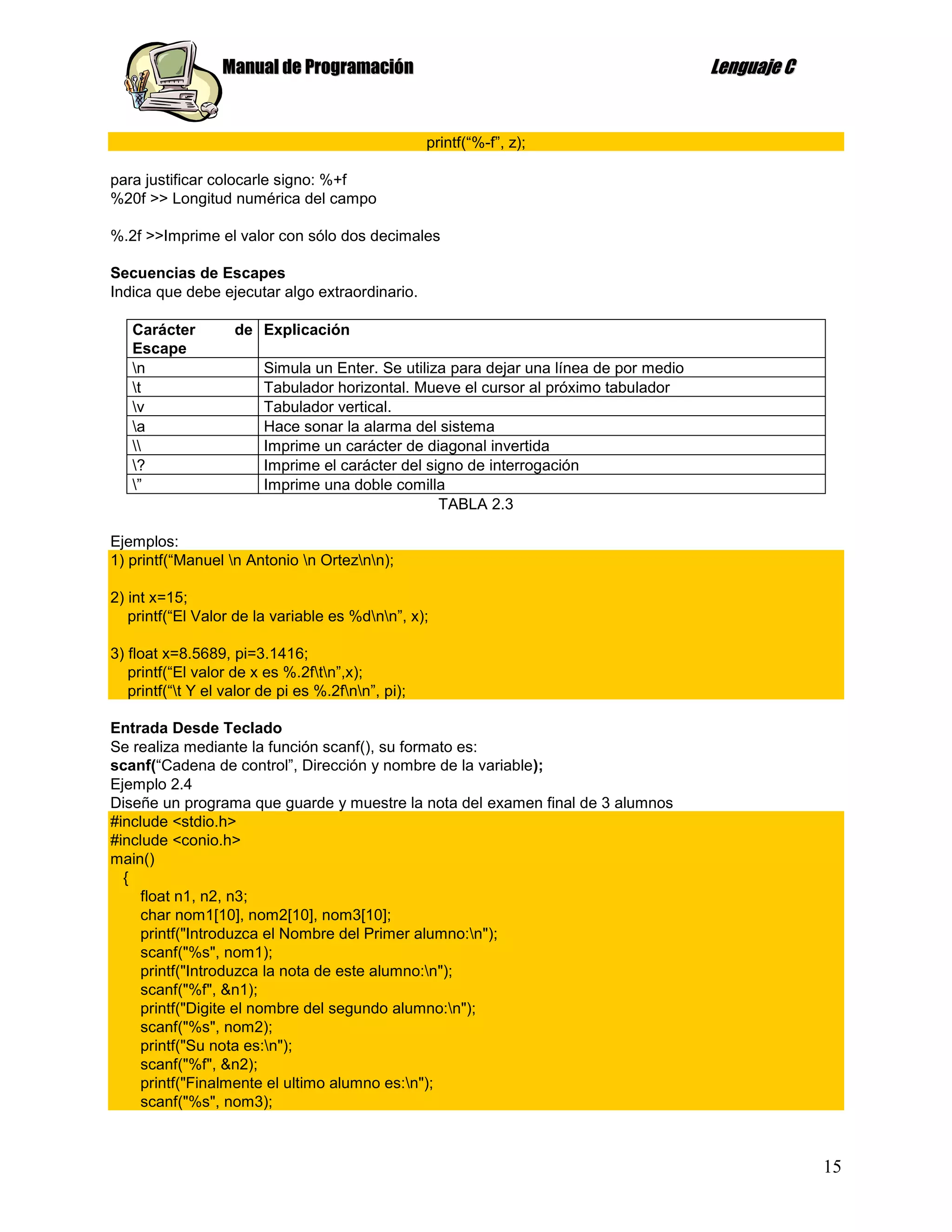 Manual de Programación                                                 Lenguaje C


                                                    printf(“%-f”, z);

para justificar colocarle signo: %+f
%20f >> Longitud numérica del campo

%.2f >>Imprime el valor con sólo dos decimales

Secuencias de Escapes
Indica que debe ejecutar algo extraordinario.

   Carácter         de Explicación
   Escape
   n                    Simula un Enter. Se utiliza para dejar una línea de por medio
   t                    Tabulador horizontal. Mueve el cursor al próximo tabulador
   v                    Tabulador vertical.
   a                    Hace sonar la alarma del sistema
                       Imprime un carácter de diagonal invertida
   ?                    Imprime el carácter del signo de interrogación
   ”                    Imprime una doble comilla
                                                   TABLA 2.3

Ejemplos:
1) printf(“Manuel n Antonio n Orteznn);

2) int x=15;
   printf(“El Valor de la variable es %dnn”, x);

3) float x=8.5689, pi=3.1416;
   printf(“El valor de x es %.2ftn”,x);
   printf(“t Y el valor de pi es %.2fnn”, pi);

Entrada Desde Teclado
Se realiza mediante la función scanf(), su formato es:
scanf(“Cadena de control”, Dirección y nombre de la variable);
Ejemplo 2.4
Diseñe un programa que guarde y muestre la nota del examen final de 3 alumnos
#include <stdio.h>
#include <conio.h>
main()
  {
    float n1, n2, n3;
    char nom1[10], nom2[10], nom3[10];
    printf("Introduzca el Nombre del Primer alumno:n");
    scanf("%s", nom1);
    printf("Introduzca la nota de este alumno:n");
    scanf("%f", &n1);
    printf("Digite el nombre del segundo alumno:n");
    scanf("%s", nom2);
    printf("Su nota es:n");
    scanf("%f", &n2);
    printf("Finalmente el ultimo alumno es:n");
    scanf("%s", nom3);



                                                                                                      15
 