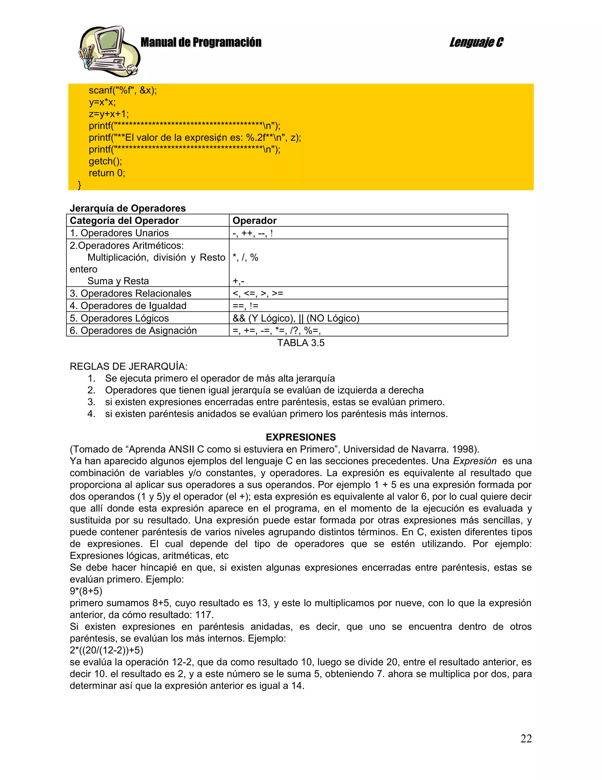Manual de Programación                                                  Lenguaje C


     scanf("%f", &x);
     y=x*x;
     z=y+x+1;
     printf("**************************************n");
     printf("**El valor de la expresi¢n es: %.2f**n", z);
     printf("**************************************n");
     getch();
     return 0;
 }

Jerarquía de Operadores
Categoría del Operador                  Operador
1. Operadores Unarios                   -, ++, --,
2.Operadores Aritméticos:
    Multiplicación, división y Resto    *, /, %
entero
    Suma y Resta                        +,-
3. Operadores Relacionales              <, <=, >, >=
4. Operadores de Igualdad               ==, =
5. Operadores Lógicos                   && (Y Lógico), || (NO Lógico)
6. Operadores de Asignación             =, +=, -=, *=, /?, %=,
                                                    TABLA 3.5

REGLAS DE JERARQUÍA:
   1. Se ejecuta primero el operador de más alta jerarquía
   2. Operadores que tienen igual jerarquía se evalúan de izquierda a derecha
   3. si existen expresiones encerradas entre paréntesis, estas se evalúan primero.
   4. si existen paréntesis anidados se evalúan primero los paréntesis más internos.

                                              EXPRESIONES
(Tomado de “Aprenda ANSII C como si estuviera en Primero”, Universidad de Navarra. 1998).
Ya han aparecido algunos ejemplos del lenguaje C en las secciones precedentes. Una Expresión es una
combinación de variables y/o constantes, y operadores. La expresión es equivalente al resultado que
proporciona al aplicar sus operadores a sus operandos. Por ejemplo 1 + 5 es una expresión formada por
dos operandos (1 y 5)y el operador (el +); esta expresión es equivalente al valor 6, por lo cual quiere decir
que allí donde esta expresión aparece en el programa, en el momento de la ejecución es evaluada y
sustituida por su resultado. Una expresión puede estar formada por otras expresiones más sencillas, y
puede contener paréntesis de varios niveles agrupando distintos términos. En C, existen diferentes tipos
de expresiones. El cual depende del tipo de operadores que se estén utilizando. Por ejemplo:
Expresiones lógicas, aritméticas, etc
Se debe hacer hincapié en que, si existen algunas expresiones encerradas entre paréntesis, estas se
evalúan primero. Ejemplo:
9*(8+5)
primero sumamos 8+5, cuyo resultado es 13, y este lo multiplicamos por nueve, con lo que la expresión
anterior, da cómo resultado: 117.
Si existen expresiones en paréntesis anidadas, es decir, que uno se encuentra dentro de otros
paréntesis, se evalúan los más internos. Ejemplo:
2*((20/(12-2))+5)
se evalúa la operación 12-2, que da como resultado 10, luego se divide 20, entre el resultado anterior, es
decir 10. el resultado es 2, y a este número se le suma 5, obteniendo 7. ahora se multiplica por dos, para
determinar así que la expresión anterior es igual a 14.




                                                                                                          22
 