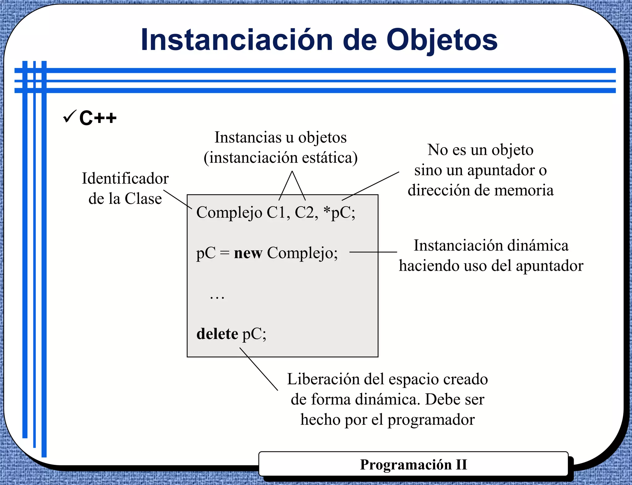 Instanciación de Objetos

C++
                    Instancias u objetos
                  (instanciación estática)            No es un objeto
 Identificador                                      sino un apuntador o
  de la Clase                                      dirección de memoria
                 Complejo C1, C2, *pC;

                 pC = new Complejo;                 Instanciación dinámica
                                                  haciendo uso del apuntador
                  …

                 delete pC;

                              Liberación del espacio creado
                              de forma dinámica. Debe ser
                                hecho por el programador

                                             Programación II
 