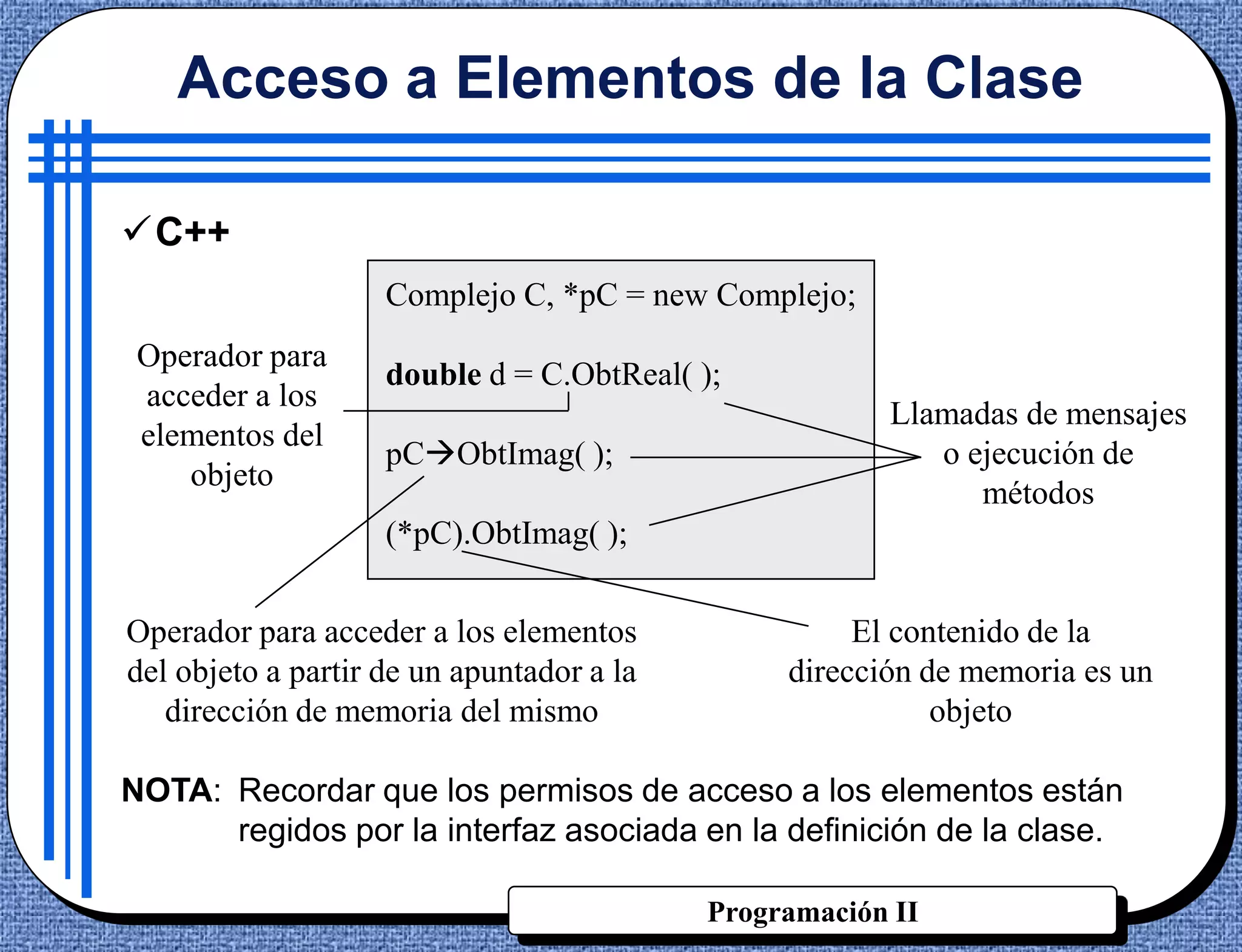 Acceso a Elementos de la Clase

C++
                    Complejo C, *pC = new Complejo;
 Operador para
                    double d = C.ObtReal( );
 acceder a los
                                                       Llamadas de mensajes
 elementos del
                    pCObtImag( );                        o ejecución de
    objeto
                                                             métodos
                    (*pC).ObtImag( );

Operador para acceder a los elementos                El contenido de la
del objeto a partir de un apuntador a la        dirección de memoria es un
   dirección de memoria del mismo                          objeto

NOTA: Recordar que los permisos de acceso a los elementos están
      regidos por la interfaz asociada en la definición de la clase.

                                           Programación II
 