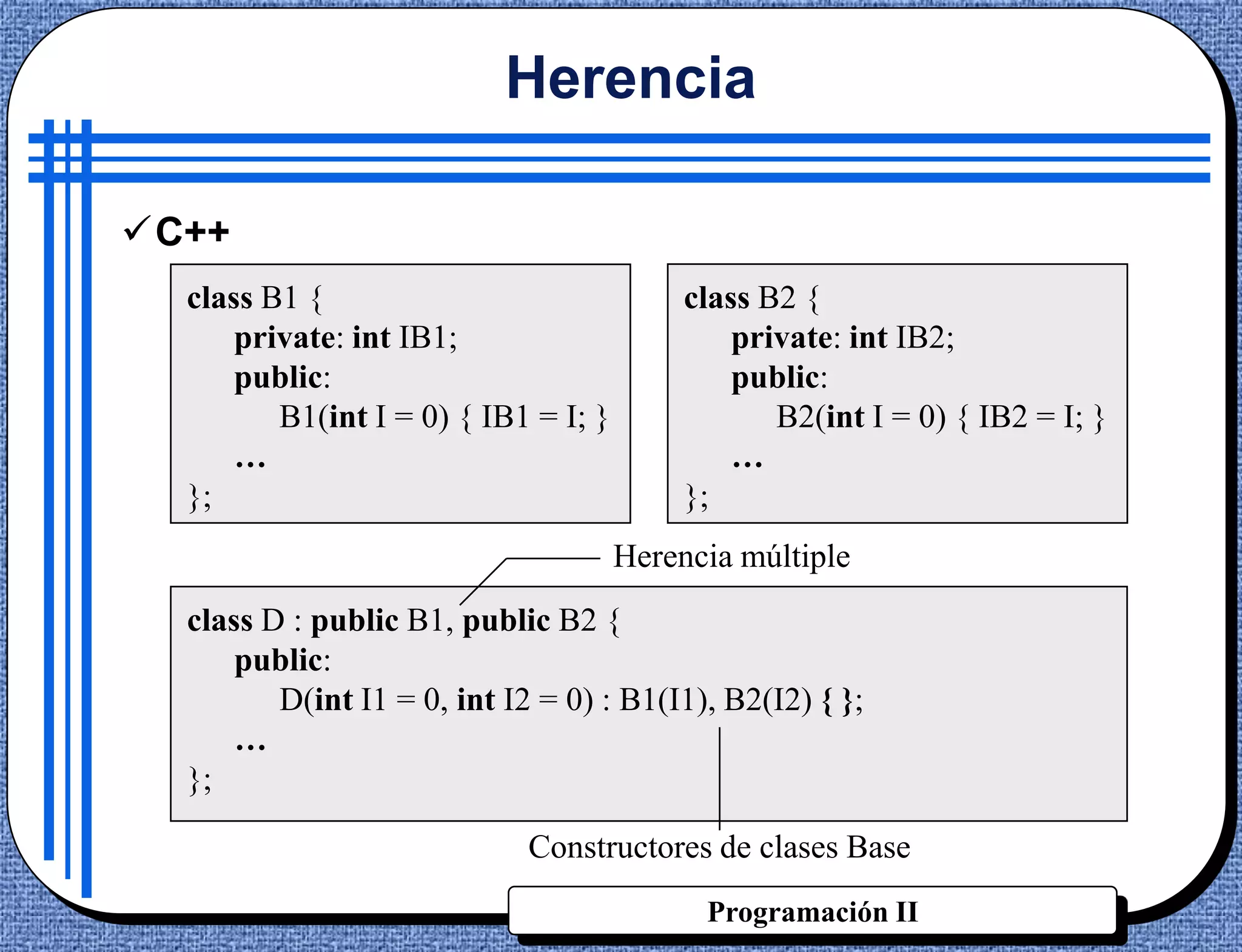 Herencia

C++
  class B1 {                               class B2 {
      private: int IB1;                        private: int IB2;
      public:                                  public:
         B1(int I = 0) { IB1 = I; }               B2(int I = 0) { IB2 = I; }
      …                                        …
  };                                       };
                                      Herencia múltiple
  class D : public B1, public B2 {
      public:
         D(int I1 = 0, int I2 = 0) : B1(I1), B2(I2) { };
      …
  };

                             Constructores de clases Base
                                            Programación II
 
