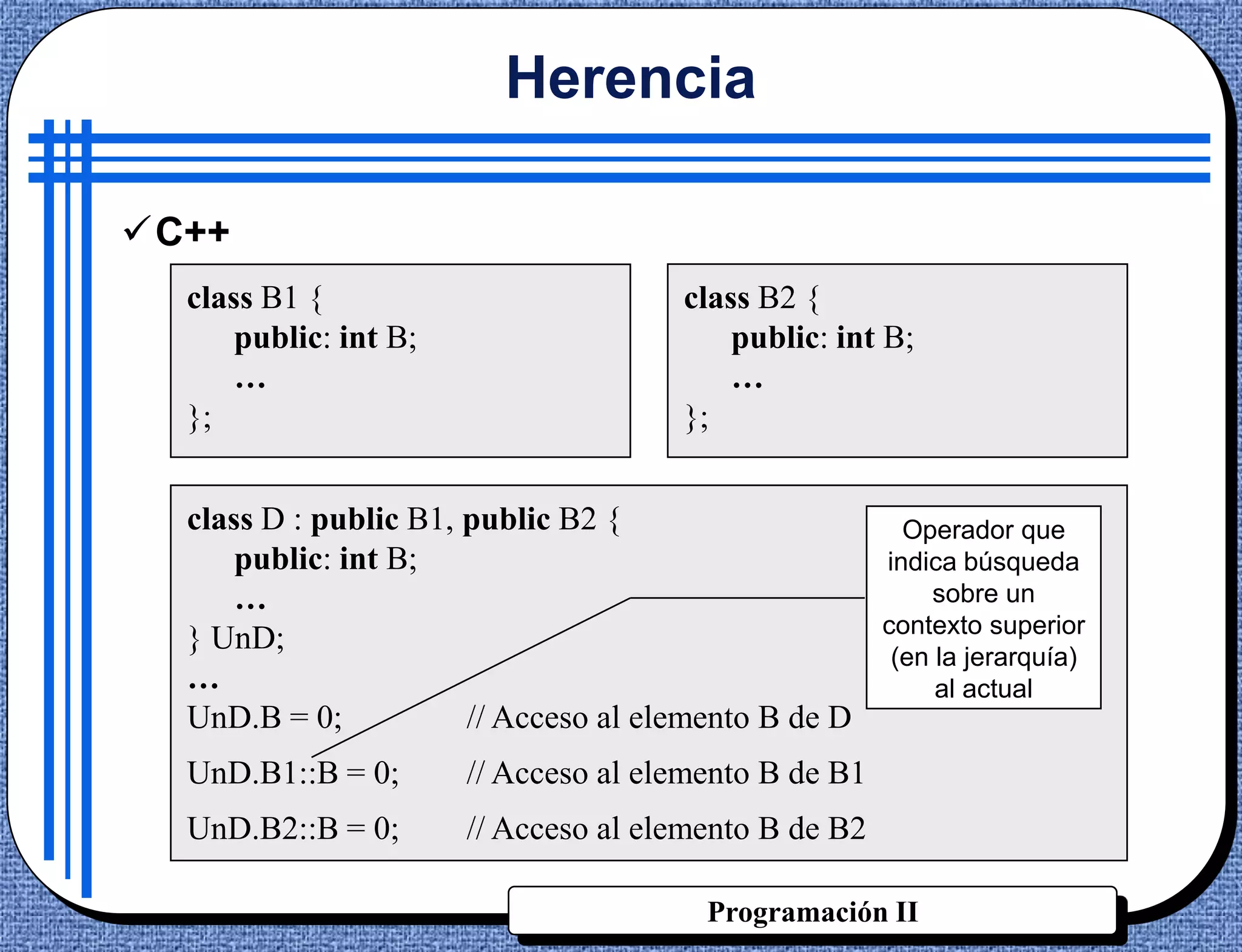 Herencia

C++
  class B1 {                          class B2 {
      public: int B;                      public: int B;
      …                                   …
  };                                  };


  class D : public B1, public B2 {                       Operador que
      public: int B;                                   indica búsqueda
      …                                                    sobre un
                                                       contexto superior
  } UnD;
                                                        (en la jerarquía)
  …                                                         al actual
  UnD.B = 0;           // Acceso al elemento B de D
  UnD.B1::B = 0;       // Acceso al elemento B de B1
  UnD.B2::B = 0;       // Acceso al elemento B de B2

                                        Programación II
 