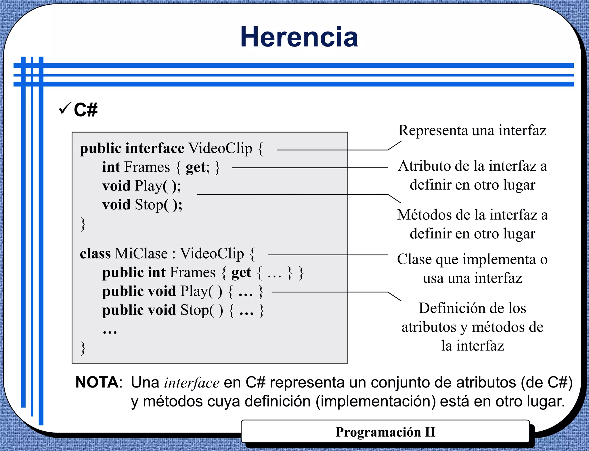 Herencia

C#
                                                Representa una interfaz
 public interface VideoClip {
    int Frames { get; }                         Atributo de la interfaz a
    void Play( );                                definir en otro lugar
    void Stop( );
                                                Métodos de la interfaz a
 }
                                                 definir en otro lugar
 class MiClase : VideoClip {                    Clase que implementa o
     public int Frames { get { … } }                usa una interfaz
     public void Play( ) { … }
     public void Stop( ) { … }                     Definición de los
     …                                          atributos y métodos de
 }                                                     la interfaz

 NOTA: Una interface en C# representa un conjunto de atributos (de C#)
       y métodos cuya definición (implementación) está en otro lugar.
                                       Programación II
 