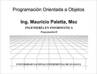 Presentación




Programación Orientada a Objetos

   Ing. Mauricio Paletta, Msc
       INGENIERÍA EN INFORMÁTICA
                 Programación II




 UNIVERSIDAD NACIONAL EXPERIMENTAL DE GUAYANA

                              Programación II
 