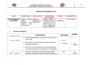 UNIVERSIDAD NACIONAL DE TRUJILLO
Escuela Académico Profesional de Educación Inicial
2017
SESION DE APRENDIZAJE N°05
AREA COMPETENCIA CAPACIDADES DESEMPEÑOS/
INDICADORES
TECNICA INSTRUMENTOS
DESCUBRIMIENTO
DEL MUNDO
Indaga mediante
métodos
científicos para
construir sus
conocimientos.
Genera o
registra datos e
información.
Explora desde su
iniciativa los hechos
que ocurren en su
entorno y hace uso
de los objetos que
están a su alcance.
La
observación
Lista de cotejo
I. Secuencia didáctica
INTERACCIONES
ESTRATEGIAS RECURSOS
TIEMPO
ADULTO - NIÑO
• Le damos la bienvenida a los niños con una canción “
hola - hola”
• Nos sentamos en las mesas y nos disponemos para
empezar la actividad
• Les damos las indicaciones a los niños: trabajaremos
de manera ordenada, nos prestaremos los materiales.
• Voz
• Canción 5
minutos
NIÑO – OBJETO
• Luego le brindaremos el material para que trabajen
(cartulinas, silueta del árbol de navidad y temperas de
• Voz 5
minutos
 