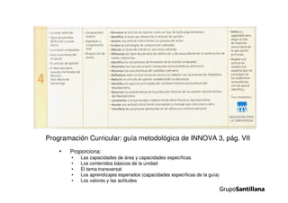 Programación Curricular: guía metodológica de INNOVA 3, pág. VII
• Proporciona:
• Las capacidades de área y capacidades específicas
• Los contenidos básicos de la unidad
• El tema transversal
• Los aprendizajes esperados (capacidades específicas de la guía)
• Los valores y las actitudes
 