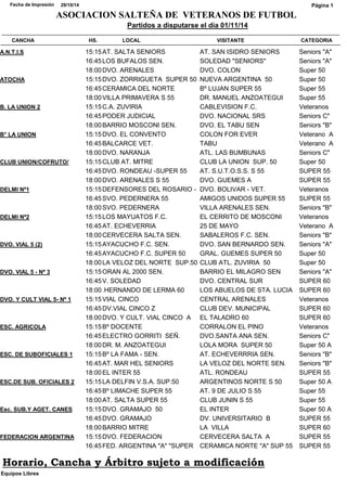 ASOCIACION SALTEÑA DE VETERANOS DE FUTBOL 
Partidos a disputarse el día 01/11/14 
Fecha de Impresión 29/10/14 
Página 1 
CANCHA HS. LOCAL VISITANTE CATEGORIA 
A.N.T.I.S 15:15AT. SALTA SENIORS AT. SAN ISIDRO SENIORS Seniors "A" 
16:45LOS BUFALOS SEN. SOLEDAD "SENIORS" Seniors "A" 
18:00DVO. ARENALES DVO. COLON Super 50 
ATOCHA 15:15DVO. ZORRIGUETA SUPER 50 NUEVA ARGENTINA 50 Super 50 
16:45CERAMICA DEL NORTE Bº LUJAN SUPER 55 Super 55 
18:00VILLA PRIMAVERA S 55 DR. MANUEL ANZOATEGUI Super 55 
B. LA UNION 2 15:15C.A. ZUVIRIA CABLEVISION F.C. Veteranos 
16:45PODER JUDICIAL DVO. NACIONAL SRS Seniors C" 
18:00BARRIO MOSCONI SEN. DVO. EL TABU SEN Seniors "B" 
B° LA UNION 15:15DVO. EL CONVENTO COLON FOR EVER Veterano A 
16:45BALCARCE VET. TABU Veterano A 
18:00DVO. NARANJA ATL. LAS BUMBUNAS Seniors C" 
CLUB UNION/COFRUTO/ 15:15CLUB AT. MITRE CLUB LA UNION SUP. 50 Super 50 
16:45DVO. RONDEAU -SUPER 55 AT. S.U.T.O.S.S. S 55 SUPER 55 
18:00DVO. ARENALES S 55 DVO. GUEMES A SUPER 55 
DELMI Nº1 15:15DEFENSORES DEL ROSARIO - DVO. BOLIVAR - VET. Veteranos 
16:45SVO. PEDERNERA 55 AMIGOS UNIDOS SUPER 55 SUPER 55 
18:00SVO. PEDERNERA VILLA ARENALES SEN. Seniors "B" 
DELMI Nº2 15:15LOS MAYUATOS F.C. EL CERRITO DE MOSCONI Veteranos 
16:45AT. ECHEVERRIA 25 DE MAYO Veterano A 
18:00CERVECERA SALTA SEN. SABALEROS F.C. SEN. Seniors "B" 
DVO. VIAL 5 (2) 15:15AYACUCHO F.C. SEN. DVO. SAN BERNARDO SEN. Seniors "A" 
16:45AYACUCHO F.C. SUPER 50 GRAL. GUEMES SUPER 50 Super 50 
18:00LA VELOZ DEL NORTE SUP.50 CLUB ATL. ZUVIRIA 50 Super 50 
DVO. VIAL 5 - Nº 3 15:15ORAN AL 2000 SEN. BARRIO EL MILAGRO SEN Seniors "A" 
16:45V. SOLEDAD DVO. CENTRAL SUR SUPER 60 
18:00.HERNANDO DE LERMA 60 LOS ABUELOS DE STA. LUCIA SUPER 60 
DVO. Y CULT VIAL 5- Nº 1 15:15VIAL CINCO CENTRAL ARENALES Veteranos 
16:45DV.VIAL CINCO Z CLUB DEV. MUNICIPAL SUPER 60 
18:00DVO. Y CULT. VIAL CINCO A EL TALADRO 60 SUPER 60 
ESC. AGRICOLA 15:15Bº DOCENTE CORRALON EL PINO Veteranos 
16:45ELECTRO GORRITI SEÑ. DVO.SANTA ANA SEN. Seniors C" 
18:00DR. M. ANZOATEGUI LOLA MORA SUPER 50 Super 50 A 
ESC. DE SUBOFICIALES 1 15:15Bº LA FAMA - SEN. AT. ECHEVERRRIA SEN. Seniors "B" 
16:45AT. MAR HEL SENIORS LA VELOZ DEL NORTE SEN. Seniors "B" 
18:00EL INTER 55 ATL. RONDEAU SUPER 55 
ESC.DE SUB. OFICIALES 2 15:15LA DELFIN V.S.A. SUP.50 ARGENTINOS NORTE S 50 Super 50 A 
16:45Bº LIMACHE SUPER 55 AT. 9 DE JULIO S 55 Super 55 
18:00AT. SALTA SUPER 55 CLUB JUNIN S 55 Super 55 
Esc. SUB.Y AGET. CANES 15:15DVO. GRAMAJO 50 EL INTER Super 50 A 
16:45DVO. GRAMAJO DV. UNIVERSITARIO B SUPER 55 
18:00BARRIO MITRE LA VILLA SUPER 60 
FEDERACION ARGENTINA 15:15DVO. FEDERACION CERVECERA SALTA A SUPER 55 
16:45FED. ARGENTINA "A" "SUPER CERAMICA NORTE "A" SUP 55 SUPER 55 
Horario, Cancha y Árbitro sujeto a modificación 
Equipos Libres 
 