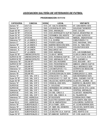 ASOCIACION SALTEÑA DE VETERANOS DE FUTBOL 
PROG RAMACION 01/1 1/14 
CATEGORIA CANCHA HORA LOCAL VISITANTE 
Seniors "A" A.N.T.I.S 1515 AT. SALTA SENIORS AT. SAN ISIDRO SEN 
Seniors "A" A.N.T.I.S 1645 LOS BUFALOS SEN. SOLEDAD "SENIORS" 
Super 50 "B" A.N.T.I.S 1800 DVO. ARENALES DVO. COLON 
Super 50 "B" ATOCHA 1515 DVO ZORRIGUETA SUP 50 NUEVA ARGENTINA 50 
Super 55 "A" ATOCHA 1645 CERAMICA DEL NORTE Bº LUJAN SUPER 55 
Super 55 "A" ATOCHA 1800 VILLA PRIMAVERA S 55 MANUEL ANZOATEGUI 
Veteranos "C" B. LA UNION 2 1515 C.A. ZUVIRIA CABLEVISION F.C. 
Seniors C" B. LA UNION 2 1645 PODER JUDICIAL DVO. NACIONAL SRS 
Seniors "B" B. LA UNION 2 1800 BARRIO MOSCONI SEN. DVO. EL TABU SEN 
Veterano A B° LA UNION 1515 DVO. EL CONVENTO COLON FOR EVER 
Veterano A B° LA UNION 1645 BALCARCE VET. TABU 
Seniors C" B° LA UNION 1800 DVO. NARANJA ATL. LAS BUMBUNAS 
Super 50 "B" UNION/COFRUTO 1515 CLUB AT. MITRE CLUB LA UNION SUP 50 
SUPER 55 "B" UNION/COFRUTO 1645 DVO. RONDEAU SUP 55 AT. S.U.T.O.S.S. S 55 
SUPER 55 "B" UNION/COFRUTO 1800 DVO. ARENALES S 55 DVO. GUEMES A 
Veteranos "B" DELMI Nº1 1515 DEF. DEL ROSARIO DVO. BOLIVAR - VET. 
SUPER 55 "B" DELMI Nº1 1645 SVO. PEDERNERA 55 AMIGOS UNIDOS SUP 55 
Seniors "B" DELMI Nº1 1800 SVO. PEDERNERA VILLA ARENALES SEN. 
Veteranos "C" DELMI Nº2 1515 LOS MAYUATOS F.C. CERRITO DE MOSCONI 
Veterano A DELMI Nº2 1645 AT. ECHEVERRIA 25 DE MAYO 
Seniors "B" DELMI Nº2 1800 CERVECERA SALTA SEN SABALEROS F.C. SEN. 
Seniors "A" DVO. VIAL 5 Nº 2 1515 AYACUCHO F.C. SEN. SAN BERNARDO SEN. 
Super 50 "B" DVO. VIAL 5 Nº 2 1645 AYACUCHO F.C. SUP. 50 GRAL. GUEMES SUP 50 
Super 50 "B" DVO. VIAL 5 Nº 2 1800 VELOZ DEL NORTE SUP50 CLUB ATL. ZUVIRIA 50 
Seniors "A" DVO. VIAL 5 Nº 3 1515 ORAN AL 2000 SEN. BARRIO EL MILAGRO SEN 
SUPER 60 DVO. VIAL 5 Nº 3 1645 V. SOLEDAD DVO. CENTRAL SUR 
SUPER 60 DVO. VIAL 5 Nº 3 1800 HERNANDO DE LERMA 60 ABUELOS DE STA. LUCIA 
Veteranos "B" DVO. VIAL 5 Nº 1 1515 VIAL CINCO CENTRAL ARENALES 
SUPER 60 DVO. VIAL 5 Nº 1 1645 DV.VIAL CINCO Z CLUB DEV. MUNICIPAL 
SUPER 60 DVO. VIAL 5 Nº 1 1800 DVO. VIAL CINCO A EL TALADRO 60 
Veteranos "C" ESC. AGRICOLA 1515 Bº DOCENTE CORRALON EL PINO 
Seniors C" ESC. AGRICOLA 1645 ELECTRO GORRITI SEN DVO.SANTA ANA SEN. 
Super 50 A ESC. AGRICOLA 1800 DR. M. ANZOATEGUI LOLA MORA SUPER 50 
Seniors "B" SUBOFICIALES 1 1515 Bº LA FAMA - SEN. AT. ECHEVERRRIA SEN. 
Seniors "B" SUBOFICIALES 1 1645 AT. MAR HEL SENIORS VELOZ DEL NORTE SEN 
SUPER 55 "B" SUBOFICIALES 1 1800 EL INTER 55 ATL. RONDEAU 
Super 50 A SUBOFICIALES 2 1515 LA DELFIN V.S.A. SUP.50 ARG. NORTE S 50 
Super 55 "A" SUBOFICIALES 2 1645 Bº LIMACHE SUPER 55 AT. 9 DE JULIO S 55 
 
