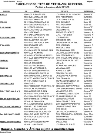CATEGORIACANCHA HS. LOCAL VISITANTE
Partidos a disputarse el día 03/10/15
01/10/15Fecha de Impresión
ASOCIACION SALTEÑA DE VETERANOS DE FUTBOL
Página 1
Seniors "A"A.N.T.I.S 15:00LOS BUFALOS SEN. LOS PERALES "B" "SENIORS"
SUPER 5516:30DVO. ARENALES S 55 DVO. FEDERACION
Super 5017:45DVO. ARENALES DV. COCHES SUP. 50
Super 55ATOCHA 16:15VILLA PRIMAVERA S 55 DVO. GUEMES A
Super 5517:45CERAMICA DEL NORTE NVA. ARGENTINA
Seniors "B"B. LA UNION 2 14:15PODER JUDICIAL DVO. NARANJA
Veteranos15:30EL CERRITO DE MOSCONI CIUDAD NORTE
Veterano A16:4525 DE MAYO AMIGOS DEL NORTE
Veterano A17:45CASTAÑARES GPO 480 U.T.A. - FOR EVER
Veterano AB° 17 DE OCTUBRE 15:00DVO. SAN ROQUE LOS ANGELES
Seniors C"16:30C.A.ZUVIRIA *SEÑIOR* SAN ISIDRO SEÑ.
Seniors C"17:45DVO. SAN ROQUE SEN. CERVECERA SALTA SEN.
Veterano AB° LA UNION 15:00BALCARCE VET. DVO. NACIONAL
Seniors C"16:30LA PEDRIEL TALCA F.C. SEN
Seniors C"17:45DV.UNION DE AMIGOS. SEÑ. ATL. RIVADAVIA SEÑ.
Super 50 ACLUB UNION/COFRUTO/ 15:00CLUB AT. MITRE VILLA SOLEDAD SUPER 50
SUPER 5516:30DVO. RONDEAU -SUPER 55 SVO. PEDERNERA 55
SUPER 6017:45CLUB BELGRANO *A* SUP.60 DVO. Y CULT. VIAL CINCO A
VeteranosDELMI Nº1 15:00DVO. MAIPU CERVECERA SALTA - VET.
Veteranos16:30AT. SAN ISIDRO LOS V.G.
Seniors "B"17:45SVO. PEDERNERA AT. MAR HEL SENIORS
VeteranosDELMI Nº2 15:00LOS MAYUATOS F.C. VILLA SAN JOSE
Seniors C"16:30AT. ECHEVERRRIA SEN. A.P.U.C.S.A SEÑ.
Super 5517:45SABALEROS SUPER 55 FEDERAL F.C. S 55
Super 50DVO. VIAL 5 (2) 15:00AYACUCHO F.C. SUPER 50 LA DELFIN V.S.A. SUP.50
SUPER 5516:30FED. ARGENTINA "A" "SUPER DVO. GRAMAJO
SUPER 6017:45DR. ANZOATEGUI B .HERNANDO DE LERMA 60
VeteranosDVO. VIAL 5 - Nº 3 15:00C.A.F.U. COCHES MOTORES
SUPER 6016:30FEDERACION ARGENTINA *B* CERAMICA NORTE *A*S.60
Super 50 A17:45DR. M. ANZOATEGUI DVO. 20 DE FEBRERO SUP.50
Seniors "A"DVO. Y CULT VIAL 5- Nº 1 15:00AYACUCHO F.C. SEN. VILLA ESTELA SEN.
Super 5516:30DVO. Y CULT VIAL 5 "B" DR. MANUEL ANZOATEGUI
Super 5517:45VILLA CRISTINA SUPER 55 "B" AT. LOS PERALES S 55
VeteranosESC. DE SUBOFICIALES 1 15:00Bº MITRE VETERANOS CLUB LOS PATRICIO
Seniors "B"16:30Bº LA FAMA - SEN. SABALEROS F.C. SEN.
SUPER 5517:45AMIGOS UNIDOS SUPER 55 SVO. BELGRANO "B" SUP 55
Seniors "B"ESC.DE SUB. OFICIALES 2 15:00ATL. LAS BUMBUNAS UNIVERSITARIOS SEN.
Super 5016:30B. LA FAMA SUP.50 DVO. COLON
Seniors "A"17:45BARRIO EL MILAGRO SEN DEF. DEL ROSARIO SEN.
Super 50 AEsc. SUB.Y AGET. CANES 15:00LOLA MORA SUPER 50 DVO. ZORRIGUETA SUPER 50
SUPER 6016:30ATL.9 DE JULIO SUP.60 BARRIO MITRE
SUPER 6017:45LA VILLA CLUB UNION SUP.60
Veterano AFEDERACION ARGENTINA 15:00NUEVA ARGENTINA "A" Bº SAN JOSE
SUPER 6016:30B. LUJAN SUP.60 LOS PERALES SUP.60
Equipos Libres
Horario, Cancha y Árbitro sujeto a modificación
 