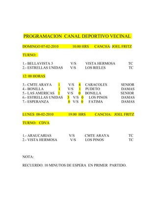 PROGRAMACION CANAL DEPORTIVO VECINAL

DOMINGO 07-02-2010       10:00 HRS   CANCHA: JOEL FRITZ

TURNO:

1.- BELLAVISTA 3        V/S    VISTA HERMOSA         TC
2.- ESTRELLAS UNIDAS    V/S    LOS RIELES            TC

12: 00 HORAS

3.- CMTE ARAYA    1     V/S 4 CARACOLES          SENIOR
4.- BONILLA       1    V/S  1 PUDETO             DAMAS
5.- LAS AMERICAS 1     V/S  0 BONILLA            SENIOR
6.- ESTRELLAS UNIDAS   3 V/S 0  LOS PINOS        DAMAS
7.- ESPERANZA          0 V/S 0 FATIMA            DAMAS


LUNES 08-02-2010       19:00 HRS     CANCHA: JOEL FRITZ

TURNO: CDVA


1.- ARAUCARIAS         V/S     CMTE ARAYA            TC
2.- VISTA HERMOSA      V/S     LOS PINOS             TC



NOTA:

RECUERDO: 10 MINUTOS DE ESPERA EN PRIMER PARTIDO.
 