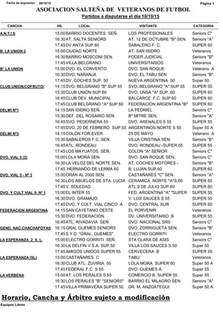 CATEGORIACANCHA HS. LOCAL VISITANTE
Partidos a disputarse el día 10/10/15
08/10/15Fecha de Impresión
ASOCIACION SALTEÑA DE VETERANOS DE FUTBOL
Página 1
Seniors C"A.N.T.I.S 15:00BARRIO DOCENTES SEÑ. LOS PROFESIONALES
Seniors "A"16:30AT. SALTA SENIORS AT. 12 DE OCTUBRE "B" SEN.
SUPER 6017:45DV.ANTA SUP.60 SABALERO F. C.
VeteranosB. LA UNION 2 15:00CIUDAD NORTE AT. SAN ISIDRO
Seniors "B"16:30BARRIO MOSCONI SEN. PODER JUDICIAL
Veteranos17:45VILLA BELGRANO UNIVERSITARIOS
Veterano AB° LA UNION 15:00DVO. EL CONVENTO DVO. SAN ROQUE
Seniors "B"16:30DVO. NARANJA DVO. EL TABU SEN
Super 5017:45DV. COCHES SUP. 50 NUEVA ARGENTINA 50
SUPER 55CLUB UNION/COFRUTO/ 14:15SVO. BELGRANO "B" SUP 55 SVO. BELGRANO "A" SUP 55
SUPER 6015:30CLUB UNION SUP.60 DVO. UNSA *A* SUP. 60
SUPER 6016:45CLUB DEV. MUNICIPAL BALCARCE F.C. SUP.60
SUPER 6017:45CLUB BELGRANO *A* SUP.60 FEDERACION ARGENTINA *B*
Seniors C"DELMI Nº1 14:15SAN ISIDRO SEÑ. LA PEDRIEL
Seniors "A"15:30DEF. DEL ROSARIO SEN. Bº MITRE SEN.
SUPER 5516:45SVO. PEDERNERA 55 DVO. ARENALES S 55
Super 50 A17:45DVO. 20 DE FEBRERO SUP.50 ARGENTINOS NORTE S 50
Veterano ADELMI Nº2 14:15COLON FOR EVER 25 DE MAYO
Seniors "B"15:30SABALEROS F.C. SEN. VILLA CRISTINA SEN.
SUPER 5516:45ATL. RONDEAU DVO. RONDEAU -SUPER 55
Seniors C"17:45LOS MAYUATOS SEÑ. COLON *A* SEÑIOR
Seniors C"DVO. VIAL 5 (2) 15:00LOLA MORA SEN. DVO. SAN ROQUE SEN.
Seniors "B"16:30LA VELOZ DEL NORTE SEN. AT. COCHES MOTORES -
SUPER 6017:45.HERNANDO DE LERMA 60 B. LUJAN SUP.60
Seniors "A"DVO. VIAL 5 - Nº 3 15:00ORAN AL 2000 SEN. CASTAÑARES "C" SEN.
SUPER 6016:30LOS ABUELOS DE STA. LUCIA CERAMICA NORTE *A*S.60
SUPER 6017:45V. SOLEDAD ATL.9 DE JULIO SUP.60
SUPER 55DVO. Y CULT VIAL 5- Nº 1 15:00EL INTER 55 FED. ARGENTINA "A" "SUPER
SUPER 5516:30DVO. GRAMAJO V. LOS SAUCES S.55
SUPER 6017:45DVO. Y CULT. VIAL CINCO A DVO. CENTRAL SUR
VeteranosFEDERACION ARGENTINA 14:15SAN CAYETANO OESTE EL PORVENIR
SUPER 5515:30DVO. FEDERACION DV. UNIVERSITARIO B
Seniors C"16:45ATL. RIVADAVIA SEÑ. DVO. NACIONAL SRS
Seniors "B"GEND. NAC.CHACHAPOYAS 16:15GRAL GUEMES SENIORS DVO. ZORRIGUETA SEN.
Veteranos17:45S.Y D. "GRAL. GUEMES" ELECTRO GORRITI
Seniors C"LA ESPERANZA 2 S. L. 15:00ELECTRO GORRITI SEÑ. STA CLARA DE ASIS
Super 5016:30LA DELFIN V.S.A. SUP.50 VILLA LOS SAUCES S 50
SUPER 5517:45AMIGOS UNIDOS SUPER 55 CERVECERA B
VeteranosLA ESPERANZA (SL) 15:00CASTAÑARES C TABU
Super 50 A16:30CLUB ATL. ZUVIRIA 50 LOLA MORA SUPER 50
Super 5517:45FEDERAL F.C. S 55 DVO. GUEMES A
Super 55LA VERBENA 15:00AT. LOS PERALES S 55 COMERCIO B SUPER 55
Seniors "A"16:30LOS PERALES "B" "SENIORS" BARRIO EL MILAGRO SEN
Super 50 A17:45VILLA PRIMAVERA SUPER 50 DR. M. ANZOATEGUI
Equipos Libres
Horario, Cancha y Árbitro sujeto a modificación
 