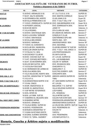 CATEGORIACANCHA HS. LOCAL VISITANTE
Partidos a disputarse el día 15/08/15
12/08/15Fecha de Impresión
ASOCIACION SALTEÑA DE VETERANOS DE FUTBOL
Página 1
SUPER 55A.N.T.I.S 15:30DVO. ARENALES S 55 AT. S.U.T.O.S.S. S 55
Seniors "A"17:00AT. SALTA SENIORS DVO. MARTIN CORNEJO
Super 55ATOCHA 14:30CERAMICA DEL NORTE CLUB JUNIN S 55
Super 5516:00VILLA PRIMAVERA S 55 DVO. Y CULT VIAL 5 "B"
Super 50 A17:15DVO. ZORRIGUETA SUPER 50 DVO. SAN BERNARDO S 50
Seniors "B"B. LA UNION 2 14:30PODER JUDICIAL DVO. ZORRIGUETA SEN.
Veterano A16:0025 DE MAYO JUNIN "A"
Seniors C"17:15LA PEDRIEL STA CLARA DE ASIS
Seniors C"B° 17 DE OCTUBRE 14:30DVO. SAN ROQUE SEN. DV.UNION DE AMIGOS. SEÑ.
Seniors C"16:00C.A.ZUVIRIA *SEÑIOR* CONCEJO F.CLUB
Veterano A17:15DVO. SAN ROQUE CASTAÑARES GPO 480
VeteranosB° LA UNION 14:30VILLA BELGRANO SANTA ANA - VET.
Seniors "B"16:00DVO. NARANJA UNIVERSITARIOS SEN.
Veterano A17:15DVO. EL CONVENTO DVO. NACIONAL
SUPER 60CLUB UNION/COFRUTO/ 14:30CLUB DEV. MUNICIPAL CLUB BELGRANO *A* SUP.60
SUPER 6016:00CLUB UNION SUP.60 DVO. Y CULT. VIAL CINCO A
Seniors C"17:15TALCA F.C. SEN LOS PROFESIONALES
SUPER 60COCHES MOTORES 14:30COCHES F.CLUB 60 DV.ANTA SUP.60
Super 5016:00DV. COCHES SUP. 50 AT. U.N.SA. SUPER 50
Seniors "B"17:15AT. COCHES MOTORES - ATL. LAS BUMBUNAS
Seniors C"DELMI Nº2 14:30AT. ECHEVERRRIA SEN. COLON *A* SEÑIOR
Seniors C"16:00LOS MAYUATOS SEÑ. DVO. RIVADAVIA SEN.
Veterano A17:15COLON FOR EVER CHACARITA F.C.
SUPER 60DVO. VIAL 5 (2) 14:30.HERNANDO DE LERMA 60 SABALERO F. C.
Seniors C"16:00LOLA MORA SEN. ELECTRO GORRITI SEÑ.
Seniors "B"17:15LA VELOZ DEL NORTE SEN. CHACARITA SEN.
SUPER 55DVO. VIAL 5 - Nº 3 15:45FED. ARGENTINA "A" "SUPER AMIGOS UNIDOS SUPER 55
Veteranos17:15C.A.F.U. TABU
Super 50 ADVO. Y CULT VIAL 5- Nº 1 15:45ARGENTINOS NORTE S 50 AT. SAN ISIDRO SUPER 50
Veteranos17:15VIAL CINCO AT. U.N.SA.
SUPER 60ESC. DE SUBOFICIALES 1 14:30DR. ANZOATEGUI B BALCARCE F.C. SUP.60
Super 50 A16:00DR. M. ANZOATEGUI VILLA SOLEDAD SUPER 50
Veteranos17:15Bº MITRE VETERANOS LOS PUMAS
SUPER 55ESC.DE SUB. OFICIALES 2 14:30EL INTER 55 ATL. RONDEAU
Super 5016:00B. LA FAMA SUP.50 VILLA MITRE SUP.50
Seniors "A"17:15BARRIO EL MILAGRO SEN COLON FOR EVER SEN
SUPER 60Esc. SUB.Y AGET. CANES 14:30BARRIO MITRE FEDERACION ARGRNTINA *B*
SUPER 5516:00DVO. GRAMAJO UNIVERSITARIOS SUPER 55
Super 50 A17:15LOLA MORA SUPER 50 LA VELOZ DEL NORTE SUP.50
SUPER 55FEDERACION ARGENTINA 14:30DVO. FEDERACION SVO. PEDERNERA 55
Veterano A16:00NUEVA ARGENTINA "A" COLON "A"
Veteranos17:15SAN CAYETANO OESTE YAPEYU
Seniors "B"GEND. NAC.CHACHAPOYAS 15:30GRAL GUEMES SENIORS SVO. PEDERNERA
Veteranos17:00S.Y D. "GRAL. GUEMES" LOS MAYUATOS F.C.
Equipos Libres
Horario, Cancha y Árbitro sujeto a modificación
 