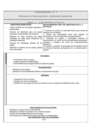 UNIDAD DIDÁCTICA Nº: 6
TÍTULO DE LA UNIDAD DIDÁCTICA: PARTICIPAR Y DISFRUTAR
CICLO: 1º Nº DE SESIONES: 6 (2º Trimestre)
OBJETIVOS DIDÁCTICOS:
- Tomar contacto con los juegos populares y
tradicionales
- Conocer los diferentes tipos de juegos
populares y tradicionales más cercanos
- Respetar en cada momento las reglas
impuestas en cada juego aceptando los
resultados obtenidos
- Conocer las estrategias básicas de los
juegos
- Potenciar la práctica de los juegos propios
de la comunidad
RELACIONADOS CON LOS OBJETIVOS DE E. F.
DE CICLO:
1. Conocer su cuerpo y la actividad física como medio de
relación con los demás.
3. Utilizar sus capacidades física para adaptar el
movimiento a las circunstancias de cada situación.
7. Participar en juegos y actividades evitando la
discriminación en razón de las características personales,
sexuales y sociales, así como los comportamientos
agresivos.
8. Conocer y practicar la diversidad de actividades físicas
en diversos entornos, participando en su conservación y
mejora.
CONTENIDOS
Conceptos:
- Procedencia de los juegos
- Juegos populares y tradicionales.
- Conocimiento de las reglas básicas de algunos juegos
Procedimientos:
- Participar en los juegos
- Aplicación de las habilidades básicas en situaciones de juego
Actitudes:
- Aceptación de las normas
- Coopera con otros compañeros.
- Participar en los juegos sin tener en cuenta el sexo o el grado de habilidad inicial y final
INDICADORES DE EVALUACIÓN:
- Participa en juegos de forma desinhibida
- Respeta las normas impuestas en los distintos juegos
- Conoce las estrategias básicas de los juegos
- Se interesa por la práctica de juegos populares y/o tradicionales
RELACIONADA CON LOS CRITERIOS:
1,5,8
 