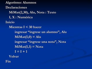 Algoritmo: Alumnos Declaraciones MiMat(2,30), Alu, Nota : Texto I, X : Numérica Inicio Mientras I < 30 hacer ingresar “ingrese un alumno”, Alu MiMat(I,0) = Alu ingresar “ingrese una nota”, Nota MiMat(I,1) = Nota I = I + 1 Volver Fin 