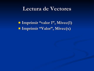 Lectura de Vectores Imprimir “valor 1”, Mivec(1) Imprimir “Valor”, Mivec(x) 