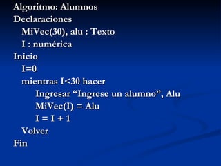 Algoritmo: Alumnos Declaraciones MiVec(30), alu : Texto I : numérica Inicio I=0 mientras I<30 hacer Ingresar “Ingrese un alumno”, Alu MiVec(I) = Alu I = I + 1 Volver Fin 