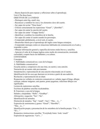 - Buena disposición para repasar y reflexionar sobre el aprendizaje.
Unit 6 The three bears
OBJETIVOS DE LA UNIDAD
- Distinguir entre big, small, tiny.
- Reconocer y nombrar los osos y los elementos clave del cuento.
- Ser capaz de recitar “Three bears”.
- Utilizar correctamente las expresiones “Great!”, “¡Horrible!”.
- Ser capaz de cantar la canción del cuento.
- Ser capaz de cantar “A happy family”.
- Identificar y nombrar los miembros de la familia.
- Ser capaz de contar el cuento usando los personajes.
- Comprender globalmente, a nivel oral, el cuento.
- Desarrollar interés por el aprendizaje del inglés como lengua extranjera.
- Comprender mensajes orales en situaciones habituales de comunicación en el aula y
responder a estos.
- Obtener información general y específica de textos orales breves y sencillos.
- Apreciar el valor de la lengua inglesa como medio de comunicación, mostrando
curiosidad y respeto hacia sus hablantes y su cultura.
CONTENIDOS
Conceptos
1. Habilidades comunicativas y usos de la lengua
A. Habilidades comunicativas
Escucha atenta y comprensiva de una rima, un cuento y una canción.
Narración de un cuento oído previamente.
Interpretación y representación de una canción relacionada con el cuento.
Identificación de los osos que duermen en invierno a partir de una audición.
Recitación y representación de un chant.
Respuestas no verbales en contextos comunicativos: señalar, jugar al bingo, dibujar,
colorear, ordenar imágenes, unir puntos, poner pegatinas, relacionar dibujos con
significados.
Lectura de expresiones sencillas.
Escritura de palabras sencillas recalcándolas.
B. Funciones y usos de la lengua
Saludos y despedidas: “Hello”, “Goodbye”.
Afirmación y negación: “Yes”, “No”.
Identificación de animales.
Distinción de tamaños: “big”, “small”, “tiny”, “This… is…”
Expresión de sentimientos y gustos: “Great!”, “Horrible!”,
“This…is…”
Identificación propia y presentación de los miembros de la familia propia: “I’m…” ,
“It’s…”
Respuesta a instrucciones sencillas: “Everybody listen / look / touch”
Expresión de sugerencias: “Let’s…”
 