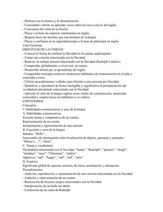 - Disfrute con la mímica y la dramatización.
- Curiosidad e interés en aprender cosas sobre los osos a través del inglés.
- Conciencia del valor de la familia.
- Placer a la hora de expresar sentimientos en inglés.
- Respeto hacia las familias que son distintas de la propia.
- Placer y confianza en la capacidad propia a la hora de participar en inglés.
Unit Christmas
OBJETIVOS DE LA UNIDAD
- Conocer la forma de celebrar la Navidad en los países anglosajones.
- Cantar una canción relacionada con la Navidad.
- Realizar un trabajo manual relacionado con la Navidad (Rudolph’s antlers)
- Comprender globalmente, a nivel oral, un cuento.
- Desarrollar interés por el aprendizaje del inglés.
- Comprender mensajes orales en situaciones habituales de comunicación en el aula y
responder a estos.
- Utilizar procedimientos verbales para felicitar a otra persona por Navidad.
- Identificar y reproducir de forma inteligible y significativa la pronunciación del
vocabulario presentado relacionado con la Navidad.
- Apreciar el valor de la lengua inglesa como medio de comunicación, mostrando
curiosidad y respeto hacia sus hablantes y su cultura.
CONTENIDOS
Conceptos
1. Habilidades comunicativas y usos de la lengua
A. Habilidades comunicativas
Escucha atenta y comprensiva de un cuento.
Representación de un cuento.
Interpretación y representación de una canción.
B. Funciones y usos de la lengua
Saludos: “Hello”.
Intercambio de información sobre localización de objetos, personas y animales:
“Where’s…?”, “Here”.
C. Temas y vocabulario
Vocabulario relacionado con la Navidad: “Santa”, “Rudolph”, “present”, “sleigh”,
“reindeer”, “nose”, “Christmas”, “antlers”.
Adjetivos: “sad”, “happy”, “red”, “old”, “new”.
D. Fonética
Significado global de aspectos sonoros, de ritmo, acentuación y entonación.
Procedimientos
- Audición, reproducción y representación de una canción relacionada con la Navidad.
- Audición y representación de un cuento.
- Realización de diversos juegos relacionados con la Navidad.
- Interpretación de un baile navideño.
- Confección de las astas de Rudolph.
 