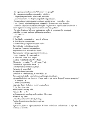 - Ser capaz de cantar la canción “Where are you going?”.
- Ser capaz de contar el cuento usando el minilibro.
- Comprender globalmente, a nivel oral, un cuento.
- Desarrollar interés por el aprendizaje de la lengua inglesa.
- Comprender mensajes orales preguntando adónde va uno y responder a estos.
- Leer y obtener información general y específica de un cuento sobre animales.
- Identificar y reproducir de forma inteligible y significativa aspectos de la entonación, el
ritmo, la pronunciación y la acentuación en canciones y chants.
- Apreciar el valor de la lengua inglesa como medio de comunicación, mostrando
curiosidad y respeto hacia sus hablantes y su cultura.
CONTENIDOS
Conceptos
1. Habilidades comunicativas y usos de la lengua
A. Habilidades comunicativas
Escucha atenta y comprensión de un cuento.
Repetición del contenido del cuento.
Representación de canciones y chants.
Seguimiento de un minilibro del cuento.
Respuestas no verbales siguiendo instrucciones.
Lectura y escritura de palabras clave.
B. Funciones y usos de la lengua
Saludo y despedida (Hello / Goodbye).
Afirmación y negación (Yes / Of course / No).
Expresión de sugerencias (Let´s…;).
Identificación de animales de granja.
Expresión de la cantidad.
Reconocimiento de tamaños.
Expresión de sentimientos (Oh dear / Poor…!).
Reconocimiento de las características del tiempo atmosférico.
Intercambio de información sobre el lugar hacia el que uno se dirige (Where are you going?
/ I´m going to…;).
C. Temas y vocabulario
La granja: sheep, duck, cow, horse, hen, cat, farm.
El río: river, boat, row.
Astros: moon, star,sky, earth.
Números del 1 al 20.
Verbos de acción: stand up, walk, get into, fall, rescue.
Adjetivos: big, small.
Clima: hot, cold, sunny, cloudy, raining.
Prendas de vestir: coat, hat, jumper, gloves.
D. Fonética
Significado global de aspectos sonoros, de ritmo, acentuación y entonación a lo largo del
contexto de la unidad
 