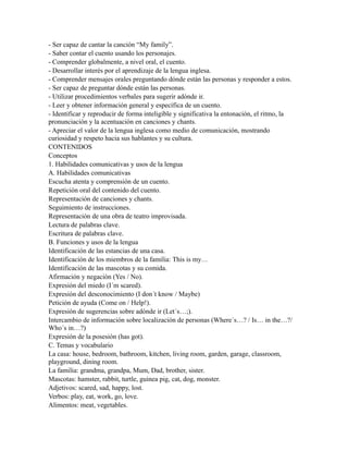 - Ser capaz de cantar la canción “My family”.
- Saber contar el cuento usando los personajes.
- Comprender globalmente, a nivel oral, el cuento.
- Desarrollar interés por el aprendizaje de la lengua inglesa.
- Comprender mensajes orales preguntando dónde están las personas y responder a estos.
- Ser capaz de preguntar dónde están las personas.
- Utilizar procedimientos verbales para sugerir adónde ir.
- Leer y obtener información general y específica de un cuento.
- Identificar y reproducir de forma inteligible y significativa la entonación, el ritmo, la
pronunciación y la acentuación en canciones y chants.
- Apreciar el valor de la lengua inglesa como medio de comunicación, mostrando
curiosidad y respeto hacia sus hablantes y su cultura.
CONTENIDOS
Conceptos
1. Habilidades comunicativas y usos de la lengua
A. Habilidades comunicativas
Escucha atenta y comprensión de un cuento.
Repetición oral del contenido del cuento.
Representación de canciones y chants.
Seguimiento de instrucciones.
Representación de una obra de teatro improvisada.
Lectura de palabras clave.
Escritura de palabras clave.
B. Funciones y usos de la lengua
Identificación de las estancias de una casa.
Identificación de los miembros de la familia: This is my…
Identificación de las mascotas y su comida.
Afirmación y negación (Yes / No).
Expresión del miedo (I´m scared).
Expresión del desconocimiento (I don´t know / Maybe)
Petición de ayuda (Come on / Help!).
Expresión de sugerencias sobre adónde ir (Let´s…;).
Intercambio de información sobre localización de personas (Where´s…? / Is… in the…?/
Who´s in…?)
Expresión de la posesión (has got).
C. Temas y vocabulario
La casa: house, bedroom, bathroom, kitchen, living room, garden, garage, classroom,
playground, dining room.
La familia: grandma, grandpa, Mum, Dad, brother, sister.
Mascotas: hamster, rabbit, turtle, guinea pig, cat, dog, monster.
Adjetivos: scared, sad, happy, lost.
Verbos: play, eat, work, go, love.
Alimentos: meat, vegetables.
 