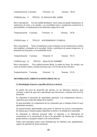 Temporalización: 4 semanas         Trimestre: 2n            Semana: 20-24

UNIDAD núm. 8         TÍTULO     EL REGALO DEL AMOR

Breve descripción: En esta unidad abordamos varios temas de grande importancia: la
experiencia de amar y ser amados, a la sexualidad como a componente esencial de la
personalidad y su maduración en las diferentes etapas de la vida.

Temporalización: 5 semanas        Trimestre: 3r            Semana:    24-28


UNIDAD núm. 9         TÍTULO      MATRIMONIO Y FAMILIA

Breve descripción: Tanto el matrimonio como la familia son las instituciones sociales
más tendidas y arraigadas en la sociedad. Ambos contribuyen de manera inequívoco al
desarrollo de la persona y a la estabilidad social.

Temporalización: 5 semanas         Trimestre: 3r           Semana: 28-32

UNIDAD núm. 10         TÍTULO      María ES SU NOMBRE
Breve descripción:      Esta unidad presenta María, la madre de Jesús. Su nombre, tan
usual en nuestra cultura, acuerda una mujer que vivió fa más de dos mil años..

Temporalización: 5 semanas         Trimestre: 3r           Semana: 32-36


METODOLOGÍA. ORIENTACIONES DIDÁCTICAS

  A) Metodología General y específica del área o materia

  Se partirá del nivel de desarrollo del alumno, en sus diferentes aspectos, para
  construir, a partir de aquí otros aprendizajes que favorezcan y mejoran este nivel de
  desarrollo.
  Se estimulará el desarrollo de capacidades generales y de competencias básicas y
  específicas por medio del trabajo de la materia.
  Se dará prioridad a la comprensión de los contenidos que se trabajan frente al suyo
  aprendizaje mecánico.
  Se proporcionarán oportunidades para poner en práctica los nuevos conocimientos,
  de manera que el alumno pueda comprobar la interés y la utilidad de lo aprendido.
  Se fomentará la reflexión personal sobre el realizado y la elaboración de
  conclusiones en lo concerniente al que se ha aprendido, de manera que el alumno
  pueda analizar su progreso respeto a sus conocimientos.
  Todos estos principios tienen como finalidad que los alumnos sean, gradualmente,
  capaces de aprender de forma autónoma.


                                         20
 