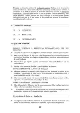 Durante los trimestres utilizaré la evaluación continua: Se basa en la observación
  diaria del educando y de su actitud frente al aprendizaje usando técnicas formales e
  informales. Y al final del proceso de enseñanza-aprendizaje utilizaré la evaluación
  cuantitativa y cualitativa para evaluar el que se aprendió, como se aprendió y para
  qué se aprendió. También realizaré una Autoevaluación, en la que el propio alumno
  indicará el que más y el que menos le ha gustado del proceso de enseñanza-
  aprendizaje y de la profesora.



C) Criterios de Calificación

  30    . %    CONCEPTOS

  40    . %    ACTITUDES

  30    . %    PROCEDIMIENTOS

REQUISITOS MÍNIMOS:

  BLOQUE TEMÁTICO 1: PREGUNTAS FUNDAMENTALES DEL SER
  HUMANO
   Descubrir en qué consiste el compromiso cristiano para con si mismo y con los otros
   Saber explicar el origen de la religión y los elementos de las religiones tradicionales
   o primitivas. Identificar las religiones desaparecidas y conocer el nombre de alguna
   de sus divinidades.
   Saber explicar qué significa y cuáles consecuencias tiene que la Biblia no sea un
   libro científico
   Razonar sobre la especial dignidad y complejidad del ser humano
  BLOQUE TEMÁTICO 2: EL MENSAJE DE JESÚS
   Sintetizar el mensaje evangélico sobre lo reino de Dios, mediando el análisis de las
   parábolas y los discursos de Jesús, con el fin de descubrir su valor humanitzador y
   las actitudes básicas de la vida cristiana
   Saber interpretar la muerte y la resurrección de Jesús como fuente de amor, perdón,
   esperanza y nuevo nacimiento para los hijos de Dios
  BLOQUE TEMÁTICO 3: LA MORAL CRISTIANA
   Saber diferenciar los diferentes tipo de amor que existen. Saber explicar la doctrina
   bíblica sobre la sexualidad y el matrimonio
       Comprender y saber explicar en qué consiste una sexualidad bien integrada en la
   personalidad: sugerencias y comportamientos sexuales específicos

  D) Actividades de Refuerzo y Ampliación

   En el primer ciclo se harán exámenes de recuperación de cada evaluación o se
   podrán incluir contenidos anteriores no superados, según criterio del profesor.

                                          23
 