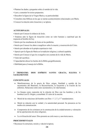• Plantear las dudas y preguntas sobre el sentido de la vida.
• Leer y comentar los textos propuestos.
• Descubrir la figura de la Virgen María y su particularidad.
• Consultar citas bíblicas en las que se narran acontecimientos relacionados con María.
• Conocer la relación entre Jesucristo y su Iglesia.



ACTITUDINALES
• Interés por Conocer la infancia de Jesús.
• Sorpresa ante la figura de Jesucristo como un valor humano y espiritual que da
respuesta al hombre de hoy
• Interés por las enseñanzas de Jesús en las parábolas.
• Interés por Conocer los datos evangélicos sobre la muerte y resurrección de Cristo.
• Interés por ahondar en la propia experiencia vital.
• Aprecio por la figura de María en la tradición religiosa y cultural española.
• Interés por Conocer el que los evangelios nos cuentan de la vida de María.
• Valor del sacrificio.
• Capacidad de ubicar los hechos de la Biblia geográficamente.
• Habilidad para el manejo de la Biblia.



3 TRIMESTRE:              DIOS   ESPÍRITU          SANTO:       GRACIA,    IGLESIA        Y
SACRAMENTOS

CONCEPTUALES
 •   Manifestaciones de la gracia de Dios: origen, finalidad y sentido de los
     sacramentos del Bautismo, la Reconciliación, la Eucaristía y la Unción de los
     enfermos. Relaciones entre estos sacramentos y la vida humana.

 •   La liturgia como expresión de la relación de Dios con los hombres y de los
     hombres con Él. Origen y actualidad. El valor de la oración.

 •   Moral de las relaciones del hombre con Dios: 1.º, 2.º y 3.er mandamientos.

 •   Moral en relación con la verdad y la autenticidad personal. Su presencia en los
     medios de comunicación.

 •   Compromiso de los cristianos en la construcción de la ciudad terrestre y valoración
     de las aportaciones de otras religiones.

 •   La civilización del amor: Dios promete un cielo nuevo y una tierra nueva.

PROCEDIMENTALES
• Reconocer la estructura, misión y vida de la Iglesia.
                                              28
 