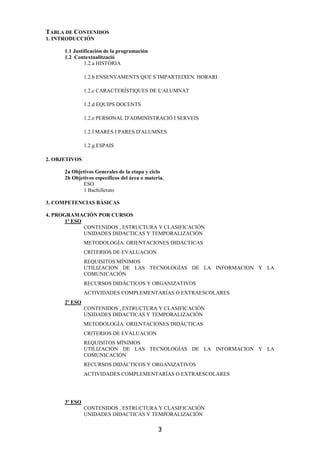 TABLA DE CONTENIDOS
1. INTRODUCCIÓN

      1.1 Justificación de la programación
      1.2 Contextualització
               1.2.a HISTÒRIA

               1.2.b ENSENYAMENTS QUE S’IMPARTEIXEN. HORARI

               1.2.c CARACTERÍSTIQUES DE L'ALUMNAT

               1.2.d EQUIPS DOCENTS

               1.2.e PERSONAL D'ADMINISTRACIÓ I SERVEIS

               1.2.f MARES I PARES D'ALUMNES

               1.2.g ESPAIS

2. OBJETIVOS

      2a Objetivos Generales de la etapa y ciclo
      2b Objetivos específicos del área o materia.
             ESO
             1 Bachillerato

3. COMPETENCIAS BÁSICAS

4. PROGRAMACIÓN POR CURSOS
       1º ESO
              CONTENIDOS , ESTRUCTURA Y CLASIFICACIÓN
              UNIDADES DIDACTICAS Y TEMPORALIZACIÓN
               METODOLOGÍA. ORIENTACIONES DIDÁCTICAS
               CRITERIOS DE EVALUACION
               REQUISITOS MÍNIMOS
               UTILIZACION DE LAS TECNOLOGÍAS DE LA INFORMACION Y LA
               COMUNICACIÓN
               RECURSOS DIDÁCTICOS Y ORGANIZATIVOS
               ACTIVIDADES COMPLEMENTARÍAS O EXTRAESCOLARES
      2º ESO
               CONTENIDOS , ESTRUCTURA Y CLASIFICACIÓN
               UNIDADES DIDACTICAS Y TEMPORALIZACIÓN
               METODOLOGÍA. ORIENTACIONES DIDÁCTICAS
               CRITERIOS DE EVALUACION
               REQUISITOS MÍNIMOS
               UTILIZACION DE LAS TECNOLOGÍAS DE LA INFORMACION Y LA
               COMUNICACIÓN
               RECURSOS DIDÁCTICOS Y ORGANIZATIVOS
               ACTIVIDADES COMPLEMENTARÍAS O EXTRAESCOLARES




      3º ESO
               CONTENIDOS , ESTRUCTURA Y CLASIFICACIÓN
               UNIDADES DIDACTICAS Y TEMPORALIZACIÓN

                                               3
 