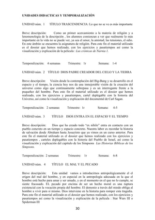 UNIDADES DIDACTICAS Y TEMPORALIZACIÓN

UNIDAD núm. 1         TÍTULO TRASCENDENCIA: Lo que no se ve es más importante

Breve descripción:       Como un primer acercamiento a la materia de religión y a
lenomenología de la descripción , los alumnos comienzan a ver que realmente lo más
importante en la vida no se puede ver, ya sea el amor, la amistad, las tensiones, el odio.
En este ámbito se encuentra la asignatura de religión. Para este fin el material utilizado
es el dossier que hemos realizado, con los ejercicios y pasatiempos así como la
visualización y explicación de la película : Las crónicas de Narnia 1.


Temporalización:    4 semanas        Trimestre: 1r            Semana:     1-4

UNIDAD núm. 2        TÍTULO DIOS PADRE CREADOR DEL CIELO Y LA TIERRA

Breve descripción: Visión desde la contemplación del Big-Bang y su desarrollo en el
espacio y el tiempo, la ciencia hoy nos da una inmejorable visión de la creación del
universo como algo que continuamente sobrepasa y es un interrogante frente a la
pequeñez del hombre. Para este fin el material utilizado es el dossier que hemos
realizado, con los ejercicios y pasatiempos, cartel deplegable con la historia del
Universo, así como la visualización y explicación del documental de Carl Sagan.

Temporalización: 2 semanas           Trimestre: 1r            Semana:     4-5

UNIDAD núm. 3           TÍTULO      DIOS ENTRA EN EL ESPACIO Y EL TIEMPO

Breve descripción:      Dios que ha creado todo “ex nihilo” entra en contacto con un
pueblo concreto en un tiempo y espacio concreto. Nuestra labor es recordar la historia
de salvación desde Abraham hasta Jesucristo que ya vimos en un curso anterior. Para
este fin el material utilizado es el dossier que hemos realizado con los ejercicios y
pasatiempos , carteles deplegables con la historia del Pueblo de Israel, así como la
visualización y explicación del capítulo de los Simpsons Las Historias Bíblicas de los
Simpsons.

Temporalización: 2 semanas           Trimestre:   1r          Semana:     6-8

UNIDAD núm. 4           TÍTULO EL MAL Y EL PECADO

Breve descripción:       Esta unidad vamos a introducirnos antropológicamente el el
origen del mal del hombre, y en especial en la antropología adecuada en la que el
hombre está hecho para amar y ser amado, y en el momento en el que no lo cumple, se
siente fracasado. EL pecado por encima de ser un hecho moral es una ruptura
existencial con la vocación propia del hombre. El demonio a través del miedo obliga al
hombre a vivir para si mismo. Dios interviene en la historia para romper esta tragedia.
Para este fin el material utilizado es el dossier que hemos realizado, con los ejercicios y
pasatiempos así como la visualización y explicación de la película : Star Wars III o
Spiderman III

                                           30
 