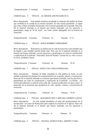Temporalización: 2 semanas            Trimestre: 1r             Semana: 8-10


UNIDAD núm. 5           TÍTULO , EL MESÍAS ANUNCIADO (N.T)

Breve descripción: Esta unidad comienza acordando la situación del pueblo de Israel
que confiaba en la venida de un mesías salvador. En este mesías prometido es aquel
que viene a librar al hombre del pecado y de la muerte generada tras el pecado. Para este
fin el material utilizado es el dossier que hemos realizado, con los ejercicios y
pasatiempos, mapa en 3d de Israel , así como cartele deplegable con la historia de
Jesucristo.

Temporalización: 2 semanas           Trimestre: 2n             Semana: 11-13

UNIDAD núm. 6           TÍTULO JESÚS HOMBRE VERDADERO

Breve descripción: Realizamos un análisis por la vida de Jesucristo como hombre que
ha bajado a una realidad sencilla desde niño. Para este fin el material utilizado es el
dossier que hemos realizado, con los ejercicios y pasatiempos así como la visualización
y explicación de la película : Natividad, Jesús de Nazaret. Lectura de Los Años oscuros
de Jesús, de Robert Aaron.

Temporalización: 5 semanas           Trimestre: 2n             Semana:    14-18

UNIDAD núm. 7          TÍTULO JESÚS, UNA VIDA ENTREGADA

Breve descripción:       Después de haber estudiado la vida pública de Jesús, en esta
unidad se presenta los alumnos los acontecimientos de su pasión, muerte y resurrección.
Para este fin el material utilizado es el dossier que hemos realizado, con los ejercicios y
pasatiempos así como la visualización y explicación de la película : La Pasión . Así
mismo procederemos a realizar como cada año la pascua judía para ver paso a paso el
desarrollo de la eucaristía que ejemplariza la vida , pasión , muerte y resurrección de
Jesucristo.

Temporalización: 5 semanas           Trimestre: 2n             Semana:    19-24

UNIDAD núm. 8          TÍTULO      RESURRECCIÓN Y DON DEL ESPÍRITU SANTO
Breve descripción:      En esta unidad abordamos el tema del acontecimiento de la
resurrección así como de Pentecostés para explicar la creación de la Iglesia. Para este
fin el material utilizado es el dossier que hemos realizado, con los ejercicios y
pasatiempos .

Temporalización: 1 semanas           Trimestre: 3r            Semana:    25


UNIDAD núm. 9           TÍTULO      IGLESIA: ESTRUCTURA , MISIÓN Y VIDA



                                            31
 