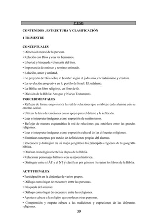 3º ESO

CONTENIDOS , ESTRUCTURA Y CLASIFICACIÓN

1 TRIMESTRE

CONCEPTUALES
• Dimensión moral de la persona.
• Relación con Dios y con los hermanos.
• Libertad y búsqueda voluntaria del bien.
• Importancia de estimar y sentirse estimado.
• Relación, amor y amistad.
• Lo proyecto de Dios sobre el hombre según el judaísmo, el cristianismo y el islam.
• La revelación progresiva en lo pueblo de Israel. El judaísmo.
• La Biblia: un libro religioso, un libro de fe.
• División de la Biblia: Antiguo y Nuevo Testamento.
PROCEDIMENTALES
• Reflejar de forma esquemática la red de relaciones que establece cada alumno con su
entorno social.
• Utilizar la letra de canciones como apoyo para el debate y la reflexión.
• Leer e interpretar imágenes como expresión de sentimientos.
• Reflejar de manera esquemática la red de relaciones que establece entre las grandes
religiones.
• Leer e interpretar imágenes como expresión cultural de las diferentes religiones.
• Sintetizar conceptos por medio de definiciones propias del alumno.
• Reconocer y distinguir en un mapa geográfico las principales regiones de la geografía
bíblica.
• Ordenar cronológicamente las etapas de la Biblia.
• Relacionar personajes bíblicos con su época histórica.
• Distinguir entre el ÁT y el NT y clasificar por géneros literarios los libros de la Biblia.

ACTITUDINALES
• Participación en la dinámica de varios grupos.
• Diálogo como lugar de encuentro entre las personas.
• Búsqueda del amistad.
• Diálogo como lugar de encuentro entre las religiones.
• Apertura cabeza a la religión que profesan otras personas.
• Comprensión y respeto cabeza a las tradiciones y expresiones de las diferentes
religiones.
                                             39
 