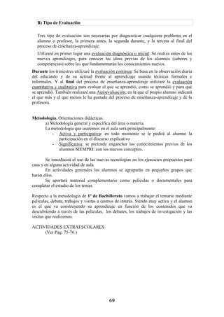 B) Tipo de Evaluación

  Tres tipo de evaluación son necesarias por diagnosticar cualquiera problema en el
  alumno o profesor, la primera antes, la segunda durante, y la tercera al final del
  proceso de enseñanza-aprendizaje.
  Utilizaré en primer lugar una evaluación diagnóstica o inicial: Se realiza antes de los
  nuevos aprendizajes, para conocer las ideas previas de los alumnos (saberes y
  competencias) sobre los que fundamentarán los conocimientos nuevos.
Durante los trimestres utilizaré la evaluación continua: Se basa en la observación diaria
del educando y de su actitud frente al aprendizaje usando técnicas formales e
informales. Y al final del proceso de enseñanza-aprendizaje utilizaré la evaluación
cuantitativa y cualitativa para evaluar el que se aprendió, como se aprendió y para qué
se aprendió. También realizaré una Autoevaluación, en la que el propio alumno indicará
el que más y el que menos le ha gustado del proceso de enseñanza-aprendizaje y de la
profesora.


Metodología. Orientaciones didácticas.
     a) Metodología general y específica del área o materia.
     La metodología que usaremos en el aula será principalmente:
         - Activa y participativa: en todo momento se le pedirá al alumno la
             participación en el discurso explicativo
         - Significativa: se pretende enganchar los conocimientos previos de los
             alumnos SIEMPRE con los nuevos conceptos.

        Se introducirá el uso de las nuevas tecnologías en los ejercicios propuestos para
casa y en alguna actividad de aula.
        En actividades generales los alumnos se agruparán en pequeños grupos que
harán ellos.
        Se aportará material complementario como películas o documentales para
completar el estudio de los temas.

Respecto a la metodología de 1º de Bachillerato vamos a trabajar el temario mediante
películas, debate, trabajos y visitas a centros de interés. Siendo muy activa y el alumno
es el que va construyendo su aprendizaje en función de los contenidos que va
descubriendo a través de las películas, los debates, los trabajos de investigación y las
visitas que realicemos.

ACTIVIDADES EXTRAESCOLARES
     (Ver Pag. 75-76 )




                                          69
 