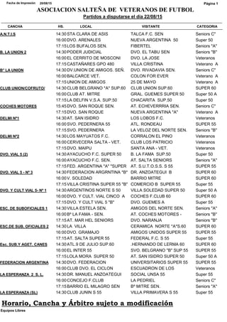 CATEGORIACANCHA HS. LOCAL VISITANTE
Partidos a disputarse el día 22/08/15
20/08/15Fecha de Impresión
ASOCIACION SALTEÑA DE VETERANOS DE FUTBOL
Página 1
Seniors C"A.N.T.I.S 14:30STA CLARA DE ASIS TALCA F.C. SEN
Super 5016:00DVO. ARENALES NUEVA ARGENTINA 50
Seniors "A"17:15LOS BUFALOS SEN. FIBERTEL
Seniors "B"B. LA UNION 2 14:30PODER JUDICIAL DVO. EL TABU SEN
Veteranos16:00EL CERRITO DE MOSCONI DVO. LA JOSE
Veterano A17:15CASTAÑARES GPO 480 VILLA CRISTINA
Seniors C"B° LA UNION 14:30DV.UNION DE AMIGOS. SEÑ. DVO. RIVADAVIA SEN.
Veterano A16:00BALCARCE VET. COLON FOR EVER
Veterano A17:15UNION DE AMIGOS 25 DE MAYO
SUPER 60CLUB UNION/COFRUTO/ 14:30CLUB BELGRANO *A* SUP.60 CLUB UNION SUP.60
Super 50 A16:00CLUB AT. MITRE GRAL. GUEMES SUPER 50
Super 5017:15LA DELFIN V.S.A. SUP.50 CHACARITA SUP.50
Seniors C"COCHES MOTORES 15:45DVO. SAN ROQUE SEN. AT. ECHEVERRRIA SEN.
Veterano A17:15DVO. SAN ROQUE NUEVA ARGENTINA "A"
VeteranosDELMI Nº1 14:30AT. SAN ISIDRO LOS LOBOS F.C.
SUPER 5516:00SVO. PEDERNERA 55 ATL. RONDEAU
Seniors "B"17:15SVO. PEDERNERA LA VELOZ DEL NORTE SEN.
VeteranosDELMI Nº2 14:30LOS MAYUATOS F.C. CORRALON EL PINO
Veteranos16:00CERVECERA SALTA - VET. CLUB LOS PATRICIO
Veteranos17:15DVO. MAIPU SANTA ANA - VET.
Super 50DVO. VIAL 5 (2) 14:30AYACUCHO F.C. SUPER 50 B. LA FAMA SUP.50
Seniors "A"16:00AYACUCHO F.C. SEN. AT. SALTA SENIORS
SUPER 5517:15FED. ARGENTINA "A" "SUPER AT. S.U.T.O.S.S. S 55
SUPER 60DVO. VIAL 5 - Nº 3 14:30FEDERACION ARGRNTINA *B* DR. ANZOATEGUI B
SUPER 6016:00V. SOLEDAD BARRIO MITRE
Super 5517:15VILLA CRISTINA SUPER 55 "B" COMERCIO B SUPER 55
Super 50 ADVO. Y CULT VIAL 5- Nº 1 14:30ARGENTINOS NORTE S 50 VILLA SOLEDAD SUPER 50
SUPER 6016:00DVO. Y CULT. VIAL CINCO A COCHES F.CLUB 60
Super 5517:15DVO. Y CULT VIAL 5 "B" DVO. GUEMES A
Seniors "A"ESC. DE SUBOFICIALES 1 14:30VILLA ESTELA SEN. AMIGOS DEL NORTE SEN.
Seniors "B"16:00Bº LA FAMA - SEN. AT. COCHES MOTORES -
Seniors "B"17:15AT. MAR HEL SENIORS DVO. NARANJA
SUPER 60ESC.DE SUB. OFICIALES 2 14:30LA VILLA CERAMICA NORTE *A*S.60
SUPER 5516:00DVO. GRAMAJO AMIGOS UNIDOS SUPER 55
Super 5517:15AT. SALTA SUPER 55 FEDERAL F.C. S 55
SUPER 60Esc. SUB.Y AGET. CANES 14:30ATL.9 DE JULIO SUP.60 .HERNANDO DE LERMA 60
SUPER 5516:00EL INTER 55 SVO. BELGRANO "B" SUP 55
Super 50 A17:15LOLA MORA SUPER 50 AT. SAN ISIDRO SUPER 50
SUPER 55FEDERACION ARGENTINA 14:30DVO. FEDERACION UNIVERSITARIOS SUPER 55
Veteranos16:00CLUB DVO. EL CICLON ESCUADRON DE LOS
Super 55LA ESPERANZA 2 S. L. 14:30DR. MANUEL ANZOATEGUI SOCIAL UNSA 55
Seniors C"16:00CONCEJO F.CLUB LA PEDRIEL
Seniors "A"17:15BARRIO EL MILAGRO SEN Bº MITRE SEN.
Super 55LA ESPERANZA (SL) 14:30CLUB JUNIN S 55 VILLA PRIMAVERA S 55
Equipos Libres
Horario, Cancha y Árbitro sujeto a modificación
 