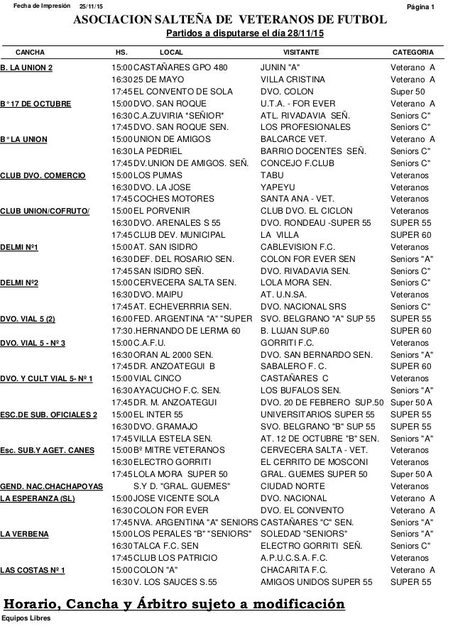 CATEGORIACANCHA HS. LOCAL VISITANTE
Partidos a disputarse el día 28/11/15
25/11/15Fecha de Impresión
ASOCIACION SALTEÑA DE...