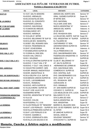 ASOCIACION SALTEÑA DE VETERANOS DE FUTBOL 
Partidos a disputarse el día 29/11/14 
Fecha de Impresión 27/11/14 
Página 1 
CANCHA HS. LOCAL VISITANTE CATEGORIA 
A.N.T.I.S 15:15AT. SALTA SENIORS AMIGOS DEL NORTE SEN. Seniors "A" 
16:45DVO. ARENALES GRAL. GUEMES SUPER 50 Super 50 
18:00LOS BUFALOS SEN. Bº MITRE SEN. Seniors "A" 
B. LA UNION 2 16:45DVO. EL CONVENTO DVO. NACIONAL Veterano A 
18:00PODER JUDICIAL VILLA SAN JOSE SEN. Seniors C" 
B° 17 DE OCTUBRE 15:00DVO. SAN ROQUE NUEVA ARGENTINA "A" Veterano A 
B° LA UNION 15:15UNION DE AMIGOS AMIGOS DEL NORTE Veterano A 
16:45BALCARCE VET. 25 DE MAYO Veterano A 
18:00DVO. NARANJA DVO. RIVADAVIA SEN. Seniors C" 
CLUB UNION/COFRUTO/ 15:15CLUB AT. MITRE LA VELOZ DEL NORTE SUP.50 Super 50 
16:45SVO. BELGRANO "B" SUP 55 FED. ARGENTINA "A" "SUPER SUPER 55 
18:00CLUB DEV. MUNICIPAL EL TALADRO 60 SUPER 60 
DELMI Nº1 15:30DEF. DEL ROSARIO SEN. CASTAÑARES "C" SEN. Seniors "A" 
17:00SVO. PEDERNERA 55 UNIVERSITARIOS SUPER 55 SUPER 55 
DELMI Nº2 15:30AT. ECHEVERRIA Bº SAN JOSE Veterano A 
17:00SABALEROS SUPER 55 VILLA PRIMAVERA S 55 Super 55 
DVO. VIAL 5 - Nº 3 15:15ORAN AL 2000 SEN. DVO. SAN BERNARDO SEN. Seniors "A" 
16:45DV.VIAL CINCO Z FEDERACION ARGENTINA D SUPER 60 
18:00V. SOLEDAD SABALERO F. C. SUPER 60 
DVO. Y CULT VIAL 5- Nº 1 15:15VILLA CRISTINA SUPER 55 "B" CLUB AT. BELGRANO "A" Super 55 
16:45DVO. Y CULT VIAL 5 "B" AT. SALTA SUPER 55 Super 55 
18:00DVO. Y CULT. VIAL CINCO A .HERNANDO DE LERMA 60 SUPER 60 
ESC. AGRICOLA 15:15ELECTRO GORRITI SEÑ. DVO. SAN ROQUE SEN. Seniors C" 
16:45DR. MANUEL ANZOATEGUI COMERCIO B SUPER 55 Super 55 
18:00DR. ANZOATEGUI B DVO. CENTRAL SUR SUPER 60 
ESC. DE SUBOFICIALES 1 16:30LA DELFIN V.S.A. SUP.50 DVO. SAN BERNARDO S 50 Super 50 A 
18:00AMIGOS UNIDOS SUPER 55 DVO. UNSA *B* SUP. 55 SUPER 55 
ESC.DE SUB. OFICIALES 2 15:15ATL. LAS BUMBUNAS ATL. RIVADAVIA SEÑ. Seniors C" 
16:45ATL. RONDEAU CERVECERA B SUPER 55 
18:00DVO. ANTA SUPER 55 DVO. GRAMAJO SUPER 55 
Esc. SUB.Y AGET. CANES 15:15LOLA MORA SUPER 50 AT. SAN ISIDRO SUPER 50 Super 50 A 
16:45AT. 9 DE JULIO S 55 COCHES F.C. SUPER 55 Super 55 
18:00BARRIO MITRE LOS ABUELOS DE STA. LUCIA SUPER 60 
FEDERACION ARGENTINA 18:00FED. ARGENTINA "B" SUP 55 BALCARCE FC S 55 Super 55 
LA ESPERANZA (SL) 15:15LA 20 STA CLARA DE ASIS Seniors C" 
16:45DVO. COLON NUEVA ARGENTINA 50 Super 50 
18:00FEDERAL F.C. S 55 NVA. ARGENTINA Super 55 
LA VERBENA 15:15LOS PERALES "B" "SENIORS" BARRIO EL MILAGRO SEN Seniors "A" 
16:45AT. LOS PERALES - SUPER 50 DVO. 20 DE FEBRERO SUP.50 Super 50 A 
18:00VILLA PRIMAVERA SUPER 50 EL INTER Super 50 A 
LA VERBENA 2 15:30AT. LOS PERALES S 55 Bº LIMACHE SUPER 55 Super 55 
17:00DVO. GUEMES A SOCIAL UNSA 55 SUPER 55 
LAS COSTAS 2 15:15DVO. ZORRIGUETA SEN. SOLEDAD "SENIORS" Seniors "A" 
16:45VILLA LOS SAUCES S 50 AYACUCHO F.C. SUPER 50 Super 50 
Horario, Cancha y Árbitro sujeto a modificación 
Equipos Libres 
 