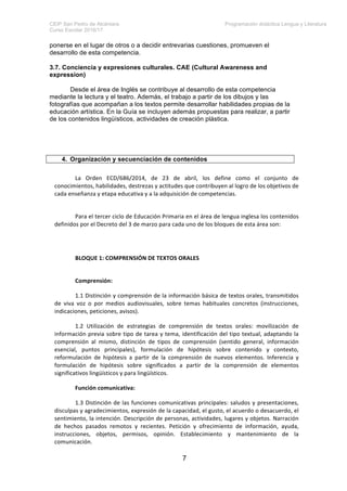 CEIP San Pedro de Alcántara Programación didáctica Lengua y Literatura
Curso Escolar 2016/17
7
ponerse en el lugar de otros o a decidir entrevarias cuestiones, promueven el
desarrollo de esta competencia.
3.7. Conciencia y expresiones culturales. CAE (Cultural Awareness and
expression)
Desde el área de Inglés se contribuye al desarrollo de esta competencia
mediante la lectura y el teatro. Además, el trabajo a partir de los dibujos y las
fotografías que acompañan a los textos permite desarrollar habilidades propias de la
educación artística. En la Guía se incluyen además propuestas para realizar, a partir
de los contenidos lingüísticos, actividades de creación plástica.
4. Organización y secuenciación de contenidos
La	 Orden	 ECD/686/2014,	 de	 23	 de	 abril,	 los	 define	 como	 el	 conjunto	 de	
conocimientos,	habilidades,	destrezas	y	actitudes	que	contribuyen	al	logro	de	los	objetivos	de	
cada	enseñanza	y	etapa	educativa	y	a	la	adquisición	de	competencias.		
	
Para	el	tercer	ciclo	de	Educación	Primaria	en	el	área	de	lengua	inglesa	los	contenidos	
definidos	por	el	Decreto	del	3	de	marzo	para	cada	uno	de	los	bloques	de	esta	área	son:		
	
	
BLOQUE	1:	COMPRENSIÓN	DE	TEXTOS	ORALES	
	
Comprensión:	
1.1	Distinción	y	comprensión	de	la	información	básica	de	textos	orales,	transmitidos	
de	 viva	 voz	 o	 por	 medios	 audiovisuales,	 sobre	 temas	 habituales	 concretos	 (instrucciones,	
indicaciones,	peticiones,	avisos).	
1.2	 Utilización	 de	 estrategias	 de	 comprensión	 de	 textos	 orales:	 movilización	 de	
información	previa	sobre	tipo	de	tarea	y	tema,	identificación	del	tipo	textual,	adaptando	la	
comprensión	 al	 mismo,	 distinción	 de	 tipos	 de	 comprensión	 (sentido	 general,	 información	
esencial,	 puntos	 principales),	 formulación	 de	 hipótesis	 sobre	 contenido	 y	 contexto,	
reformulación	 de	 hipótesis	 a	 partir	 de	 la	 comprensión	 de	 nuevos	 elementos.	 Inferencia	 y	
formulación	 de	 hipótesis	 sobre	 significados	 a	 partir	 de	 la	 comprensión	 de	 elementos	
significativos	lingüísticos	y	para	lingüísticos.	
Función	comunicativa:	
1.3	Distinción	de	las	funciones	comunicativas	principales:	saludos	y	presentaciones,	
disculpas	y	agradecimientos,	expresión	de	la	capacidad,	el	gusto,	el	acuerdo	o	desacuerdo,	el	
sentimiento,	la	intención.	Descripción	de	personas,	actividades,	lugares	y	objetos.	Narración	
de	 hechos	 pasados	 remotos	 y	 recientes.	 Petición	 y	 ofrecimiento	 de	 información,	 ayuda,	
instrucciones,	 objetos,	 permisos,	 opinión.	 Establecimiento	 y	 mantenimiento	 de	 la	
comunicación.	
 