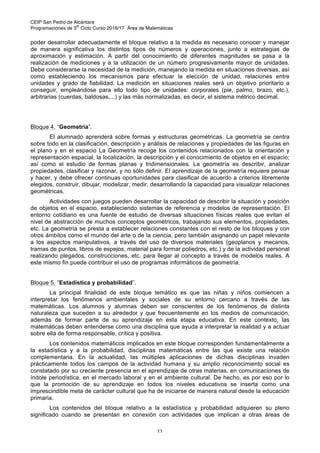 CEIP San Pedro de Alcántara
Programaciones de 3
er
Ciclo Curso 2016/17 Área de Matemáticas
11
poder desarrollar adecuadamente el bloque relativo a la medida es necesario conocer y manejar
de manera significativa los distintos tipos de números y operaciones, junto a estrategias de
aproximación y estimación. A partir del conocimiento de diferentes magnitudes se pasa a la
realización de mediciones y a la utilización de un número progresivamente mayor de unidades.
Debe considerarse la necesidad de la medición, manejando la medida en situaciones diversas, así
como estableciendo los mecanismos para efectuar la elección de unidad, relaciones entre
unidades y grado de fiabilidad. La medición en situaciones reales será un objetivo prioritario a
conseguir, empleándose para ello todo tipo de unidades: corporales (pie, palmo, brazo, etc.),
arbitrarias (cuerdas, baldosas,...) y las más normalizadas, es decir, el sistema métrico decimal.
Bloque 4. “Geometría”.
El alumnado aprenderá sobre formas y estructuras geométricas. La geometría se centra
sobre todo en la clasificación, descripción y análisis de relaciones y propiedades de las figuras en
el plano y en el espacio La Geometría recoge los contenidos relacionados con la orientación y
representación espacial, la localización, la descripción y el conocimiento de objetos en el espacio;
así como el estudio de formas planas y tridimensionales. La geometría es describir, analizar
propiedades, clasificar y razonar, y no sólo definir. El aprendizaje de la geometría requiere pensar
y hacer, y debe ofrecer continuas oportunidades para clasificar de acuerdo a criterios libremente
elegidos, construir, dibujar, modelizar, medir, desarrollando la capacidad para visualizar relaciones
geométricas.
Actividades con juegos pueden desarrollar la capacidad de describir la situación y posición
de objetos en el espacio, estableciendo sistemas de referencia y modelos de representación. El
entorno cotidiano es una fuente de estudio de diversas situaciones físicas reales que evitan el
nivel de abstracción de muchos conceptos geométricos, trabajando sus elementos, propiedades,
etc. La geometría se presta a establecer relaciones constantes con el resto de los bloques y con
otros ámbitos como el mundo del arte o de la ciencia, pero también asignando un papel relevante
a los aspectos manipulativos, a través del uso de diversos materiales (geoplanos y mecanos,
tramas de puntos, libros de espejos, material para formar poliedros, etc.) y de la actividad personal
realizando plegados, construcciones, etc. para llegar al concepto a través de modelos reales. A
este mismo fin puede contribuir el uso de programas informáticos de geometría.
Bloque 5. “Estadística y probabilidad”.
La principal finalidad de este bloque temático es que las niñas y niños comiencen a
interpretar los fenómenos ambientales y sociales de su entorno cercano a través de las
matemáticas. Los alumnos y alumnas deben ser conscientes de los fenómenos de distinta
naturaleza que suceden a su alrededor y que frecuentemente en los medios de comunicación,
además de formar parte de su aprendizaje en esta etapa educativa. En este contexto, las
matemáticas deben entenderse como una disciplina que ayuda a interpretar la realidad y a actuar
sobre ella de forma responsable, crítica y positiva.
Los contenidos matemáticos implicados en este bloque corresponden fundamentalmente a
la estadística y a la probabilidad, disciplinas matemáticas entre las que existe una relación
complementaria. En la actualidad, las múltiples aplicaciones de dichas disciplinas invaden
prácticamente todos los campos de la actividad humana y su amplio reconocimiento social es
constatado por su creciente presencia en el aprendizaje de otras materias, en comunicaciones de
índole periodística, en el mercado laboral y en el ambiente cultural. De hecho, es por eso por lo
que la promoción de su aprendizaje en todos los niveles educativos se inserta como una
imprescindible meta de carácter cultural que ha de iniciarse de manera natural desde la educación
primaria.
Los contenidos del bloque relativo a la estadística y probabilidad adquieren su pleno
significado cuando se presentan en conexión con actividades que implican a otras áreas de
 