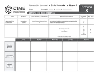 Planeación Semanal • 5o de Primaria • Bloque 1
                                                                                                                                                                Semana
                                                                                                                                                                        8
                                          Grupo:                    Semana del                  al               de

                                          SEMANA DE EVALUACIONES

            Tema        Subtema              Conocimientos y habilidades                                        Intenciones didácticas                         Pág. CIME    Pág. SEP


Significado y uso de   Multiplicación y       Analiza y resuelve el producto cubico   Que los alumnos conozcan los factores, divisores, forma geometrica del      46i
las operaciones           División                              8                     producto y los apliquen en problemas                                        47


                                                                                                                                                                  34
                                                                                                                                                                  35
                                                                                                              Ejercicios de reafirmación
                                                                                                                                                                 109          41
                                                                                                                           y
                                                                                                                   Autoevaluación
                                                                                                                                                                 124          42
                                                                                                                                                                 125          43
                                                                                                                                                                 126
                                                                                                                                                               252 a 255
                                                                                                          EVALUACIÓN BIMESTRAL


                       Lunes                              Martes                           Miércoles                                 Jueves                         Viernes


    Intención
    Didáctica
   (Proposito)




  Antecedentes
¿Qué deben saber?




   Consigna
   Juego o
Etapa Concreta
 