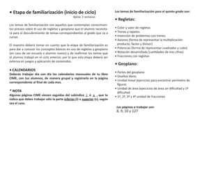 • Etapa de familiarización (inicio de ciclo)                                 Los temas de familiarización para el quinto grado son:
                                               Aprox. 2 semanas
                                                                             • Regletas:
Los temas de familiarización son aquellos que contemplan conocimien-
tos previos sobre el uso de regletas y geoplano que el alumno necesita-      • Color y valor de regletas
rá para el descubrimiento de temas correspondientes al grado que va a        • Trenes y tapetes
cursar.                                                                      • Invención de problemas con trenes
                                                                             • Aviones (forma de representar la multiplicación:
El maestro deberá tomar en cuenta que la etapa de familiarización es           producto, factor y divisor)
para dar a conocer los conceptos básicos en uso de regletas y geoplano       • Potencias (forma de representar cuadrador y cubo)
(en caso de ser escuela o alumno nuevo) y de reafirmar los temas que         • Notación desarrollada (cantidades de tres cifras)
el alumno trabajó en el ciclo anterior, por lo que esta etapa deberá ser     • Fracciones con regletas
extensa en juegos y aplicación de contenidos.
                                                                             • Geoplano:
• CALENDARIOS
                                                                             • Partes del geoplano
Deberás trabajar día con día los calendarios mensuales de tu libro
                                                                             • Diseños libres
CIME, con tus alumnos, de manera grupal y registrarlo en la página
                                                                             • Unidad lineal (ejercicios para encontrar perímetro de
corresponidente al final de cada mes.
                                                                               figuras
                                                                             • Unidad de área (ejercicios de área sin dificultad y 1ª
* NOTA                                                                         dificultad
Algunas páginas CIME vienen seguidas del subíndice i ó s , que te            • 1ª, 2ª, 3ª y 4ª unidad de fracciones
indica que debes trabajar sólo la parte inferior (i) o superior (s), según
sea el caso.
                                                                              Las páginas a trabajar son:
                                                                              8, 9, 10 y 127
 