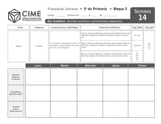 Planeación Semanal • 5o de Primaria • Bloque 2
                                                                                                                                           Semana
                                                                                                                                                14
                               Grupo:                Semana del                 al             de

                               Eje temático: Sentido numérico y pensamiento algebraico.

          Tema      Subtema       Conocimientos y habilidades                                 Intenciones didácticas                      Pág. CIME   Pág. SEP

                                                                       Que los alumnos establezcan relaciones de equivalencia entre las
                                                                       diferentes unidades de medida de longitud y realicen conversio-     74 a 78
                                                                       nes


                                 2.9 Realizar conversiones entre los   Que los alumnos establezcan relaciones de equivalencia entre las                  66
                    Unidades     múltiplos y submúltiplos del metro,   diferentes unidades de medida de capacidad y realicen conver-      104, 105       67
        Medida
                                 del litro y del kilogramo             siones                                                                            68


                                                                       Que los alumnos establezcan relaciones de equivalencia entre las      94
                                                                       diferentes unidades de medida de peso y realicen conversiones         95
                                                                                                                                             96
                                                                                                                                             97s


                    Lunes                    Martes                         Miércoles                          Jueves                          Viernes


    Intención
    Didáctica
   (Proposito)




  Antecedentes
¿Qué deben saber?




    Consigna
    Juego o
 Etapa Concreta
 