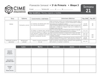 Planeación Semanal • 5o de Primaria • Bloque 3
                                                                                                                                                                     Semana
                                                                                                                                                                          21
                                                  Grupo:                   Semana del                    al             de

                                                  Eje temático: Forma, espacio y medida.


           Tema                Subtema               Conocimientos y habilidades                                       Intenciones didácticas                       Pág. CIME   Pág. SEP
                                                                                                Que los alumnos, a partir de la transformación de figuras, deduz-
                                                                                                can que el área del romboide se calcula multiplicando la medida
        Medida                                      3.7 Construir una fórmula para calcu-       de la base por la medida de la altura                                 Uso del       98
                           Estimación y calculo     lar el área del paralelogramo.              Que los alumnos deduzcan que el área del rombo se calcula mul-       geoplano       99
                                                                                                tiplicando la medida de la diagonal mayor por la medida de la
                                                                                                diagonal menor entre dos.
                                                                                                Que los alumnos deduzcan la fórmula para calcular el área del
                                                    3.8 Deducir la fórmula para calcular                                                                             173, 174
                                                                                                triángulo mediante la descomposición de un rectángulo
                                                    el área del triángulo y el trapecio. Cal-
                                                    cular perímetro o áreas de figuras que      Que los alumnos encuentren la relación entre el área y las medi-     150, 178
                                                    resultan de la combinación (por yuxta-      das de base y altura en triángulos diversos, manteniendo dichas      187, 206       100
                                                    posición o sustracción) de otras            medidas constantes                                                                  101
                                                                                                Que los alumnos deduzcan la fórmula para calcular el área de un       Uso del       102
                                                                                                trapecio mediante la yuxtaposición y descomposición de figuras.      Tangram
Significado y uso de las      Multiplicación           Analiza y resuelve los productos         Que los alumnos conozcan factores, divisores, forma geometrica
                                                                                                                                                                     162, 163
      operaciones              y división                          45 y 48                      del producto y los aplique en problemas



                               Lunes                               Martes                            Miércoles                          Jueves                            Viernes

   Intención
   Didáctica
  (Proposito)




  Antecedentes
¿Qué deben saber?



   Consigna
    Juego
      o
Etapa concreta
 