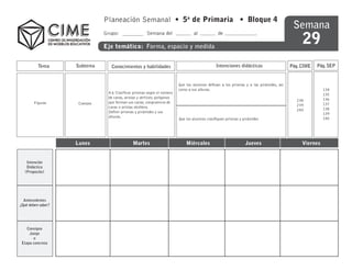 Planeación Semanal • 5o de Primaria • Bloque 4
                                                                                                                                         Semana
                                                                                                                                             29
                              Grupo:                  Semana del                 al             de

                              Eje temático: Forma, espacio y medida


          Tema      Subtema      Conocimientos y habilidades                                   Intenciones didácticas                   Pág. CIME   Pág. SEP


                                                                         Que los alumnos definan a los prismas y a las pirámides, así
                                                                         como a sus alturas.                                                           134
                               4.6 Clasificar prismas según el número                                                                                  135
                               de caras, aristas y vértices; polígonos                                                                                 136
                                                                                                                                          238
        Figuras     Cuerpos    que forman sus caras; congruencia de                                                                                    137
                                                                                                                                          239
                               caras o aristar, etcétera.                                                                                              138
                                                                                                                                          240
                               Definir prismas y pirámides y sus                                                                                       139
                               alturas.                                                                                                                140
                                                                         Que los alumnos clasifiquen prismas y pirámides




                    Lunes                    Martes                          Miércoles                          Jueves                       Viernes


   Intención
   Didáctica
  (Proposito)




  Antecedentes
¿Qué deben saber?




    Consigna
     Juego
       o
 Etapa concreta
 