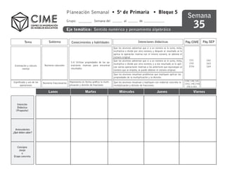Planeación Semanal • 5o de Primaria • Bloque 5
                                                                                                                                                                  Semana
                                                                                                                                                                        35
                                                Grupo:                   Semana del                 al             de

                                                Eje temático: Sentido numérico y pensamiento algebráico


          Tema                  Subtema             Conocimientos y habilidades                                   Intenciones didácticas                        Pág. CIME        Pág. SEP
                                                                                           Que los alumnos adviertan que si a un número se le sume, resta,
                                                                                           multiplica o divide por otro número, y después al resultado se le
                                                                                           aplica la operación inversa con el mismo número, se obtiene el
                                                                                           número original
                                                                                           Que los alumnos adviertan que si a un número se le sume, resta,         231             162
                                                    5.4 Utilizar propiedades de las op-                                                                            232             163
                                                                                           multiplica o divide por otro número, y a ese resultado se le apli-
 Estimación y cálculo       Números naturales       eraciones inversas para encontrar                                                                              233s            164
                                                                                           can varias operaciones inversas a las anteriores que equivalgan al
       mental                                       resultados
                                                                                           número que se empléo, se puede obtener el número original.
                                                                                           Que los alumnos resuelvan problemas que impliquen aplicar las
                                                                                           propiedades de la multiplicación y la división.
                                                   Representa en forma gráfica la multi-                                                                        139i, 140, 141
Significado y uso de las   Números fraccionarios                                           Que los alumnos resuelvan y expliquen con material concreto la
                                                                                                                                                                142s, 148,150s
      operaciones                                  plicación y división de fraciiones      multiplicación y división de fracciones.                              256 a 261

                               Lunes                             Martes                         Miércoles                           Jueves                             Viernes


   Intención
   Didáctica
  (Proposito)




  Antecedentes
¿Qué deben saber?




   Consigna
    Juego
      o
Etapa concreta
 