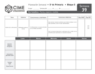 Planeación Semanal • 5o de Primaria • Bloque 5
                                                                                                                                                            Semana
                                                                                                                                                                39
                                                   Grupo:                 Semana del                al            de

                                                   Eje temático: Forma, espacio y medida


           Tema                  Subtema              Conocimientos y habilidades                                Intenciones didácticas                    Pág. CIME   Pág. SEP


                                                                                            Que alumnos resuelvan problemas que implican obtener la me-
                                                                                            dida (promedio), como un valor representativo.

                                                                                                                                                                          174
Análisis de la información   Medidasde tendencia     5.8 Representar un conjunto de datos                                                                                 175
                                   central           con la medida (promedio).                                                                                            176

                                                                                            Que los alumnos determinen la pertinencia de la moda o de la
                                                                                            aritmética para representar un conjunto de valores.




                                 Lunes                            Martes                        Miércoles                         Jueves                        Viernes


    Intención
    Didáctica
   (Proposito)




  Antecedentes
¿Qué deben saber?




     Consigna
      Juego
        o
  Etapa concreta
 