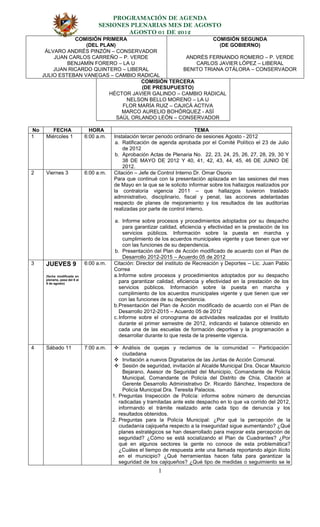 PROGRAMACIÓN DE AGENDA
                                     SESIONES PLENARIAS MES DE AGOSTO
                                             AGOSTO 01 DE 2012
                COMISIÓN PRIMERA                                 COMISIÓN SEGUNDA
                    (DEL PLAN)                                     (DE GOBIERNO)
      ÁLVARO ANDRÉS PINZÓN – CONSERVADOR
         JUAN CARLOS CARREÑO – P. VERDE                ANDRÉS FERNANDO ROMERO – P. VERDE
              BENJAMÍN FORERO – LA U                       CARLOS JAVIER LÓPEZ – LIBERAL
         JUAN RICARDO QUINTERO – LIBERAL              BENITO TRIANA OTÁLORA – CONSERVADOR
     JULIO ESTEBAN VANEGAS – CAMBIO RADICAL
                                       COMISIÓN TERCERA
                                       (DE PRESUPUESTO)
                            HÉCTOR JAVIER GALINDO – CAMBIO RADICAL
                                  NELSON BELLO MORENO – LA U
                                 FLOR MARÍA RUIZ – CAJICÁ ACTIVA
                                 MARCO AURELIO BOHÓRQUEZ - ASÍ
                               SAÚL ORLANDO LEÓN – CONSERVADOR

No       FECHA                    HORA                                          TEMA
1     Miércoles 1               6:00 a.m.   Instalación tercer periodo ordinario de sesiones Agosto - 2012
                                             a. Ratificación de agenda aprobada por el Comité Político el 23 de Julio
                                                de 2012
                                             b. Aprobación Actas de Plenaria No. 22, 23, 24, 25, 26, 27, 28, 29, 30 Y
                                                38 DE MAYO DE 2012 Y 40, 41, 42, 43, 44, 45, 46 DE JUNIO DE
                                                2012.
2     Viernes 3                 6:00 a.m.   Citación – Jefe de Control Interno Dr. Omar Osorio
                                            Para que continué con la presentación aplazada en las sesiones del mes
                                            de Mayo en la que se le solicito informar sobre los hallazgos realizados por
                                            la contraloría vigencia 2011 – que hallazgos tuvieron traslado
                                            administrativo, disciplinario, fiscal y penal, las acciones adelantadas
                                            respecto de planes de mejoramiento y los resultados de las auditorías
                                            realizadas por parte de control interno.

                                            a. Informe sobre procesos y procedimientos adoptados por su despacho
                                                 para garantizar calidad, eficiencia y efectividad en la prestación de los
                                                 servicios públicos. Información sobre la puesta en marcha y
                                                 cumplimiento de los acuerdos municipales vigente y que tienen que ver
                                                 con las funciones de su dependencia.
                                            b. Presentación del Plan de Acción modificado de acuerdo con el Plan de
                                                 Desarrollo 2012-2015 – Acuerdo 05 de 2012
3     JUEVES 9                  6:00 a.m.   Citación: Director del instituto de Recreación y Deportes – Lic. Juan Pablo
                                            Correa
      (fecha modificada en                  a. Informe sobre procesos y procedimientos adoptados por su despacho
      plenaria, pasa del 8 al
      9 de agosto)
                                               para garantizar calidad, eficiencia y efectividad en la prestación de los
                                               servicios públicos. Información sobre la puesta en marcha y
                                               cumplimiento de los acuerdos municipales vigente y que tienen que ver
                                               con las funciones de su dependencia.
                                            b. Presentación del Plan de Acción modificado de acuerdo con el Plan de
                                               Desarrollo 2012-2015 – Acuerdo 05 de 2012
                                            c. Informe sobre el cronograma de actividades realizadas por el Instituto
                                               durante el primer semestre de 2012, indicando el balance obtenido en
                                               cada una de las escuelas de formación deportiva y la programación a
                                               desarrollar durante lo que resta de la presente vigencia.

4     Sábado 11                 7:00 a.m.     Análisis de quejas y reclamos de la comunidad – Participación
                                                 ciudadana
                                              Invitación a nuevos Dignatarios de las Juntas de Acción Comunal.
                                              Sesión de seguridad, invitación al Alcalde Municipal Dra. Oscar Mauricio
                                                 Bejarano, Asesor de Seguridad del Municipio, Comandante de Policía
                                                 Municipal, Comandante de Policía del Distrito de Chía, Citación al
                                                 Gerente Desarrollo Administrativo Dr. Ricardo Sánchez, Inspectora de
                                                 Policía Municipal Dra. Teresita Palacios.
                                            1. Preguntas Inspección de Policía: informe sobre número de denuncias
                                               radicadas y tramitadas ante este despacho en lo que va corrido del 2012,
                                               informando el trámite realizado ante cada tipo de denuncia y los
                                               resultados obtenidos.
                                            2. Preguntas para la Policía Municipal: ¿Por qué la percepción de la
                                               ciudadanía cajiqueña respecto a la inseguridad sigue aumentando? ¿Qué
                                               planes estratégicos se han desarrollado para mejorar esta percepción de
                                               seguridad? ¿Cómo se está socializando el Plan de Cuadrantes? ¿Por
                                               qué en algunos sectores la gente no conoce de esta problemática?
                                               ¿Cuáles el tiempo de respuesta ante una llamada reportando algún ilícito
                                               en el municipio? ¿Qué herramientas hacen falta para garantizar la
                                               seguridad de los cajiqueños? ¿Qué tipo de medidas o seguimiento se le
                                                               1
 