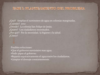¿Qué? Ampliar el suministro de agua en colonias marginadas.
¿Cuándo? 2012
¿Dónde? La colonia San Felipe de Jesús.
¿Quién? Los ciudadanos necesitados.
¿Por qué? Por la necesidad, la higiene y la salud.
¿Cómo?



 Posibles soluciones:
 •Que el gobierno suministre mas agua.
 •Pedir pipas al gobierno
 •Repartir equitativamente el agua entre los ciudadanos.
 •Limpiar el drenaje constantemente.
 