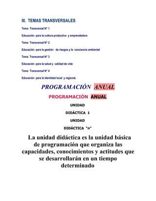 III. TEMAS TRANSVERSALES
Tema Transversal N° 1

Educación para la cultura productiva y emprendedora

Tema Transversal N° 2

Educación para la gestión de riesgos y la conciencia ambiental

Tema Transversal N° 3

Educación para la salud y calidad de vida

Tema Transversal N° 4

Educación para la identidad local y regional.


                PROGRAMACIÓN ANUAL
                      PROGRAMACIÓN ANUAL
                                        UNIDAD

                                    DIDÁCTICA 1

                                        UNIDAD

                                  DIDÁCTICA “n”

  La unidad didáctica es la unidad básica
    de programación que organiza las
capacidades, conocimientos y actitudes que
      se desarrollarán en un tiempo
               determinado
 