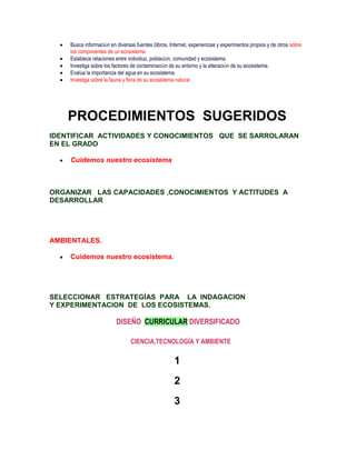 Busca información en diversas fuentes (libros, Internet, experiencias y experimentos propios y de otros sobre
    los componentes de un ecosistema
    Establece relaciones entre individuo, población, comunidad y ecosistema.
    Investiga sobre los factores de contaminación de su entorno y la alteración de su ecosistema.
    Evalúa la importancia del agua en su ecosistema.
    Investiga sobre la fauna y flora de su ecosistema natural. .




    PROCEDIMIENTOS SUGERIDOS
IDENTIFICAR ACTIVIDADES Y CONOCIMIENTOS QUE SE SARROLARAN
EN EL GRADO

    Cuidemos nuestro ecosistema



ORGANIZAR LAS CAPACIDADES ,CONOCIMIENTOS Y ACTITUDES A
DESARROLLAR




AMBIENTALES.

    Cuidemos nuestro ecosistema.




SELECCIONAR ESTRATEGÍAS PARA LA INDAGACION
Y EXPERIMENTACION DE LOS ECOSISTEMAS.

                         DISEÑO CURRICULAR DIVERSIFICADO

                                CIENCIA,TECNOLOGÍA Y AMBIENTE

                                                    1
                                                    2
                                                    3
 