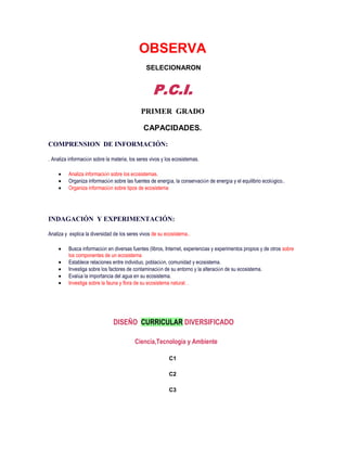 OBSERVA
                                                SELECIONARON


                                                   P.C.I.
                                             PRIMER GRADO

                                              CAPACIDADES.

COMPRENSION DE INFORMACIÓN:

. Analiza información sobre la materia, los seres vivos y los ecosistemas.

          Analiza información sobre los ecosistemas.
          Organiza información sobre las fuentes de energía, la conservación de energía y el equilibrio ecológico..
          Organiza información sobre tipos de ecosistema




INDAGACIÓN Y EXPERIMENTACIÓN:

Analiza y explica la diversidad de los seres vivos de su ecosistema..

          Busca información en diversas fuentes (libros, Internet, experiencias y experimentos propios y de otros sobre
          los componentes de un ecosistema
          Establece relaciones entre individuo, población, comunidad y ecosistema.
          Investiga sobre los factores de contaminación de su entorno y la alteración de su ecosistema.
          Evalúa la importancia del agua en su ecosistema.
          Investiga sobre la fauna y flora de su ecosistema natural. .




                                DISEÑO CURRICULAR DIVERSIFICADO

                                          Ciencia,Tecnología y Ambiente

                                                           C1

                                                           C2

                                                           C3
 
